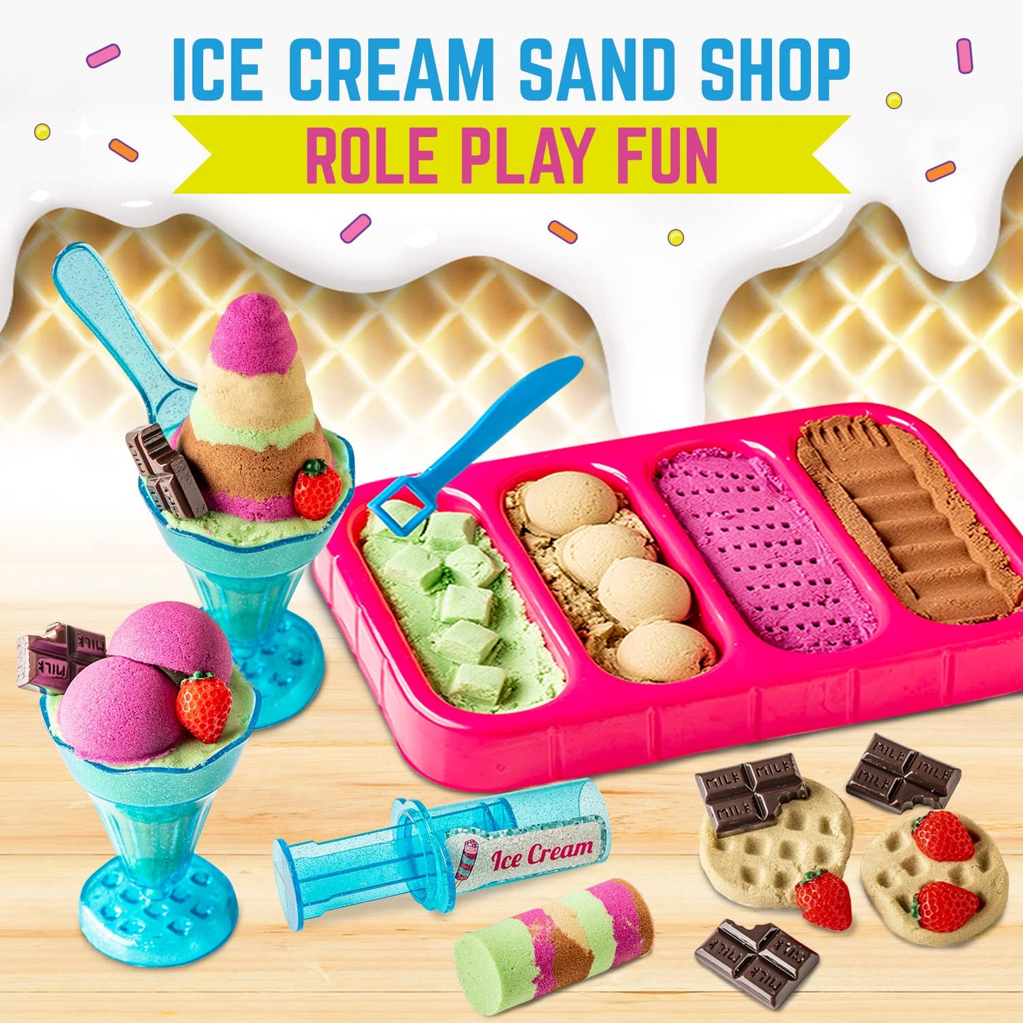GirlZone Ice Cream Shop Play Sand Kit – 2 lb Magnetic Sand, 22 Pieces for Ages 7+