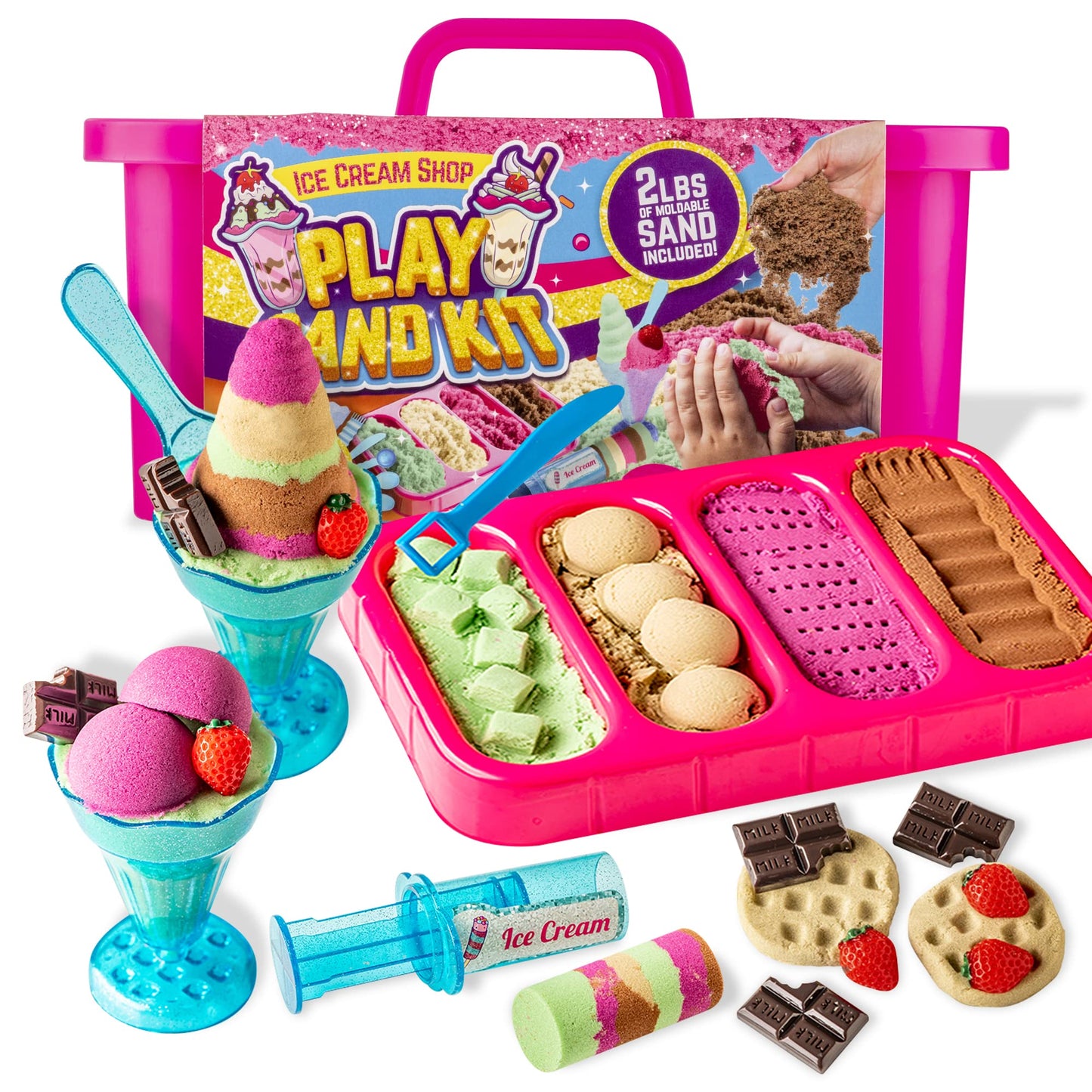 GirlZone Ice Cream Shop Play Sand Kit – 2 lb Magnetic Sand, 22 Pieces for Ages 7+