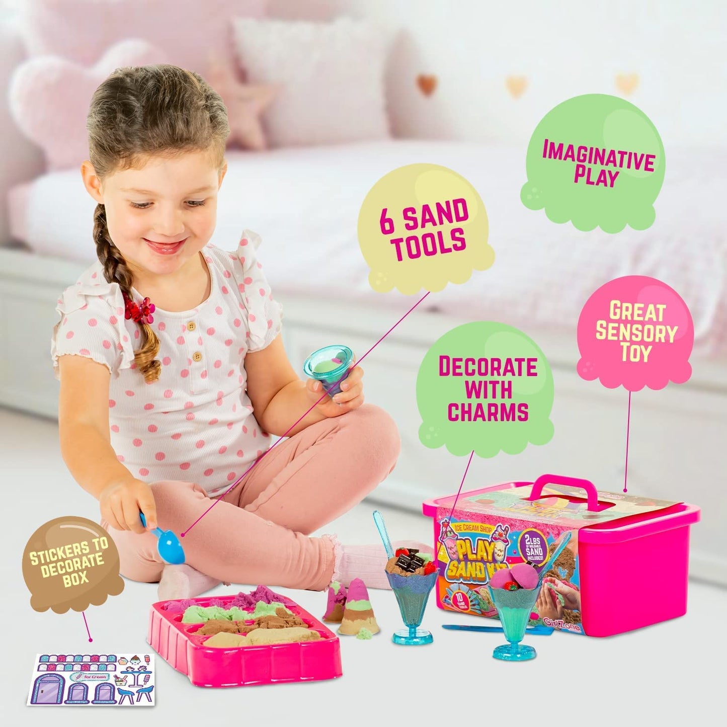 GirlZone Ice Cream Shop Play Sand Kit – 2 lb Magnetic Sand, 22 Pieces for Ages 7+