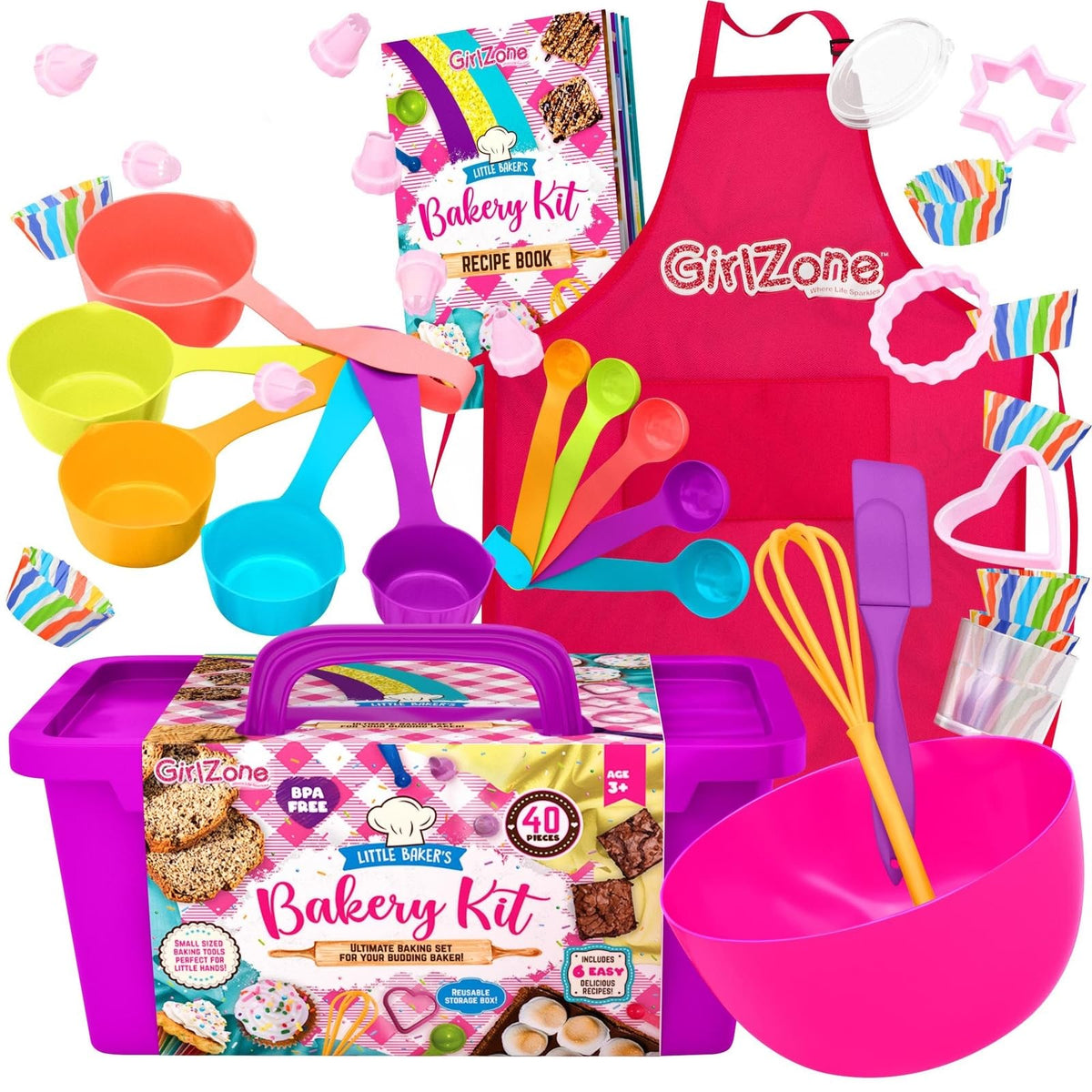 GirlZone Kids Baking Set for Girls - 40-Piece Multicolor Kit with Pink Apron, Cookie Cutters, Whisk & Recipe Book
