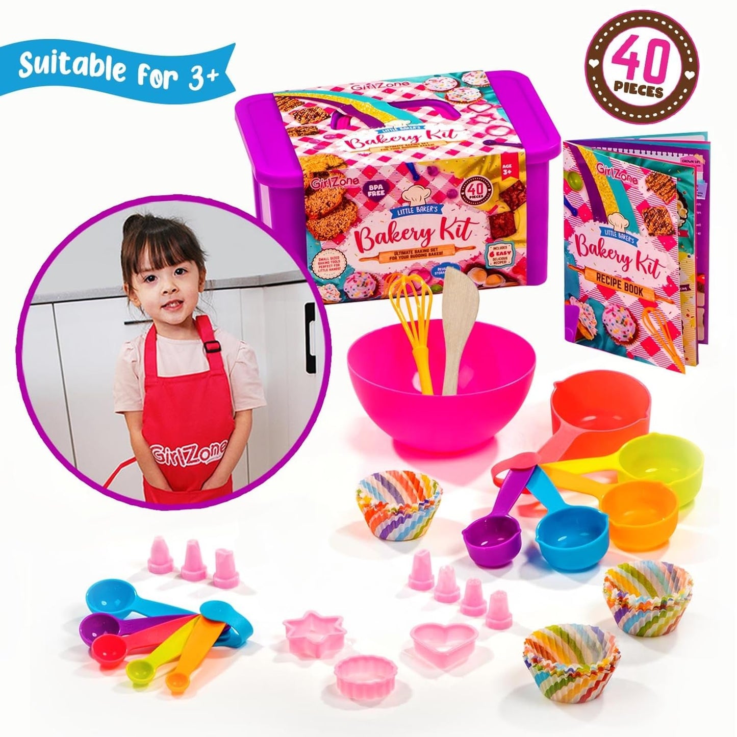 GirlZone Kids Baking Set for Girls - 40-Piece Multicolor Kit with Pink Apron, Cookie Cutters, Whisk & Recipe Book