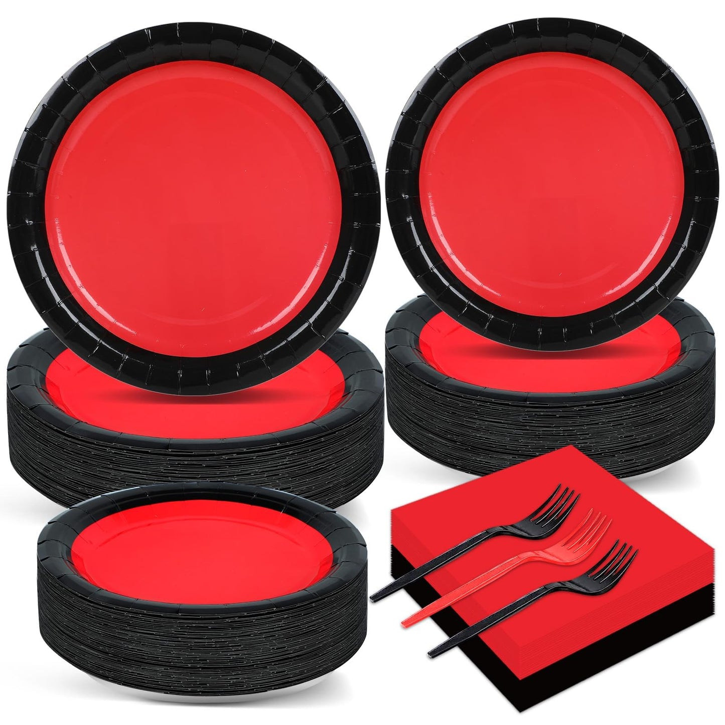 gisgfim 50 Guests Red & Black Party Supplies — 200Pcs Disposable Plates, Napkins & Forks