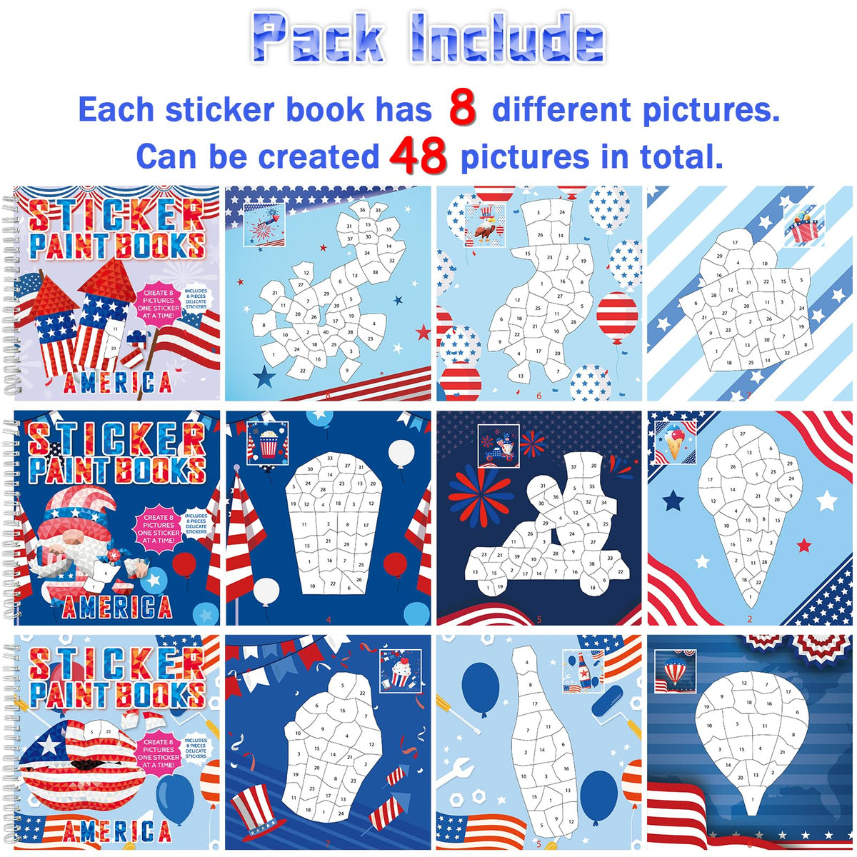 gisgfim 6pcs patriotic sticker books – sticker by number, 48 pictures for kids 4-8 | 4th of July & Memorial Day