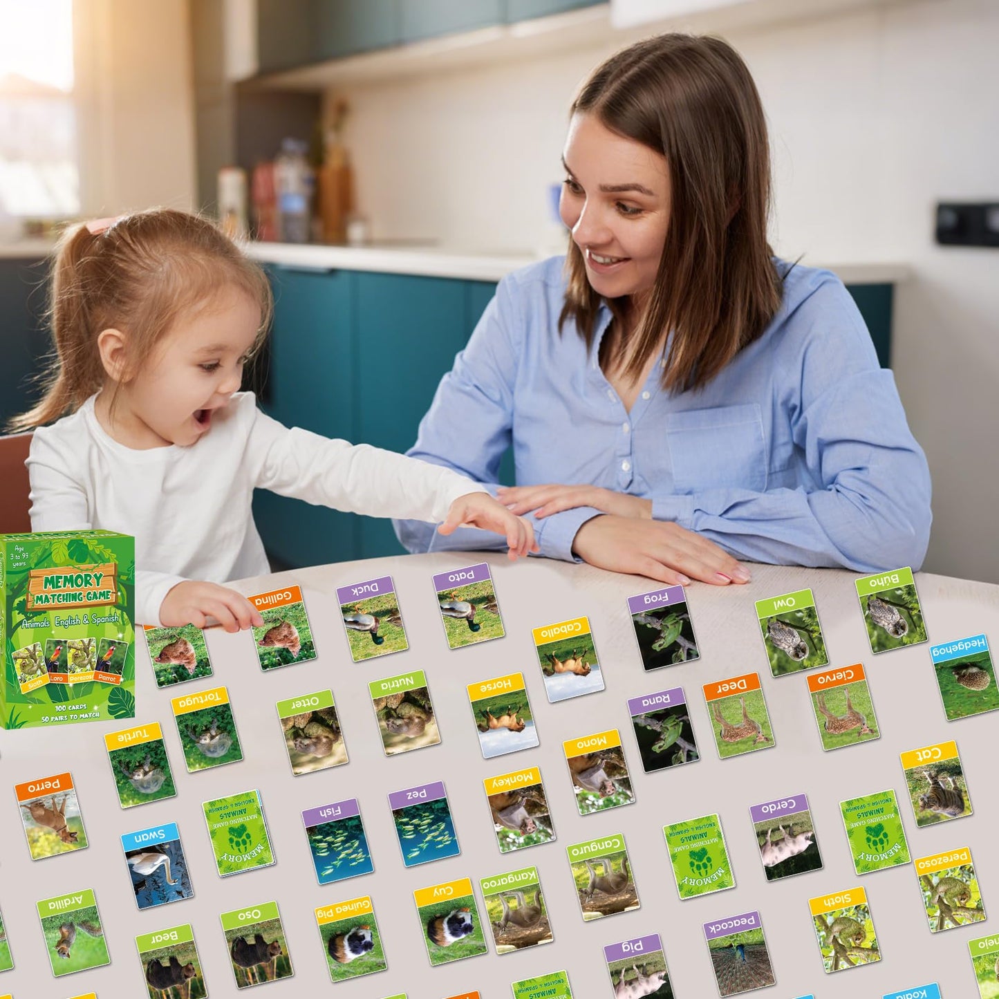 gisgfim Bilingual Animal Memory Game – 50 Pairs, English & Spanish, for Kids & Families