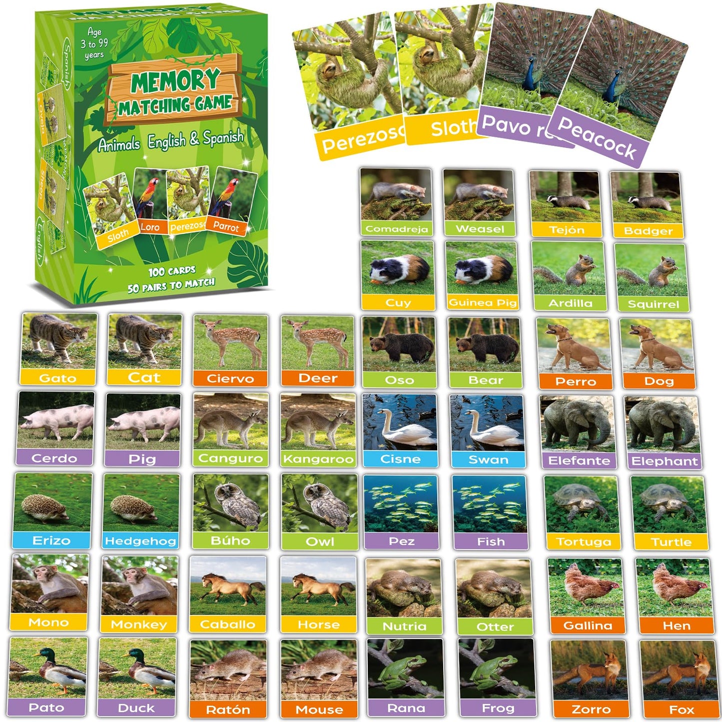 gisgfim Bilingual Animal Memory Game – 50 Pairs, English & Spanish, for Kids & Families