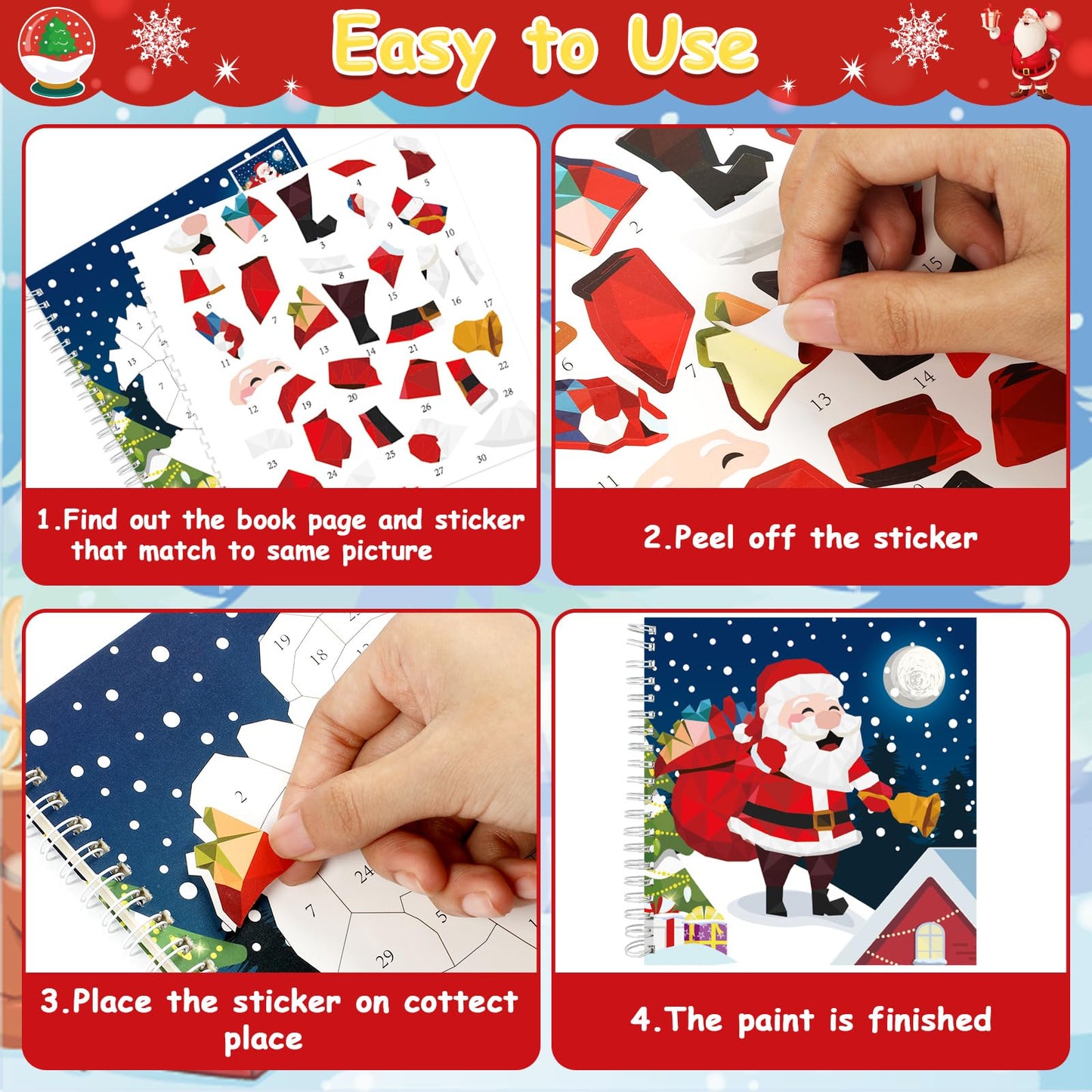 Gisgfim 4-Piece Christmas Sticker Paint Books by Number – 32 Festive Images