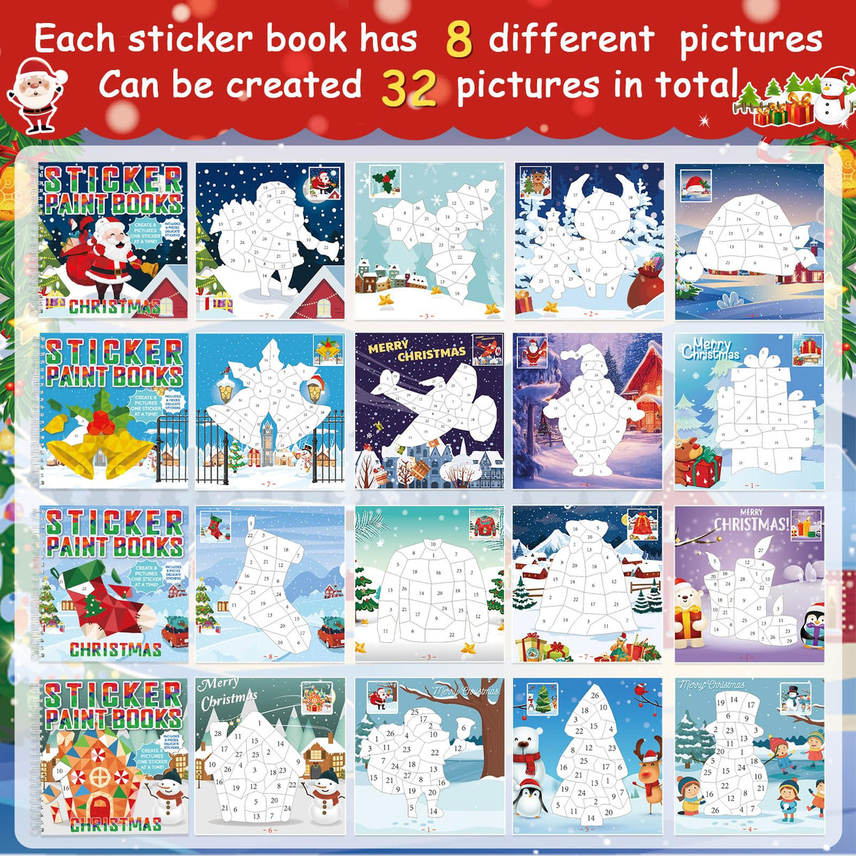 Gisgfim 4-Piece Christmas Sticker Paint Books by Number – 32 Festive Images