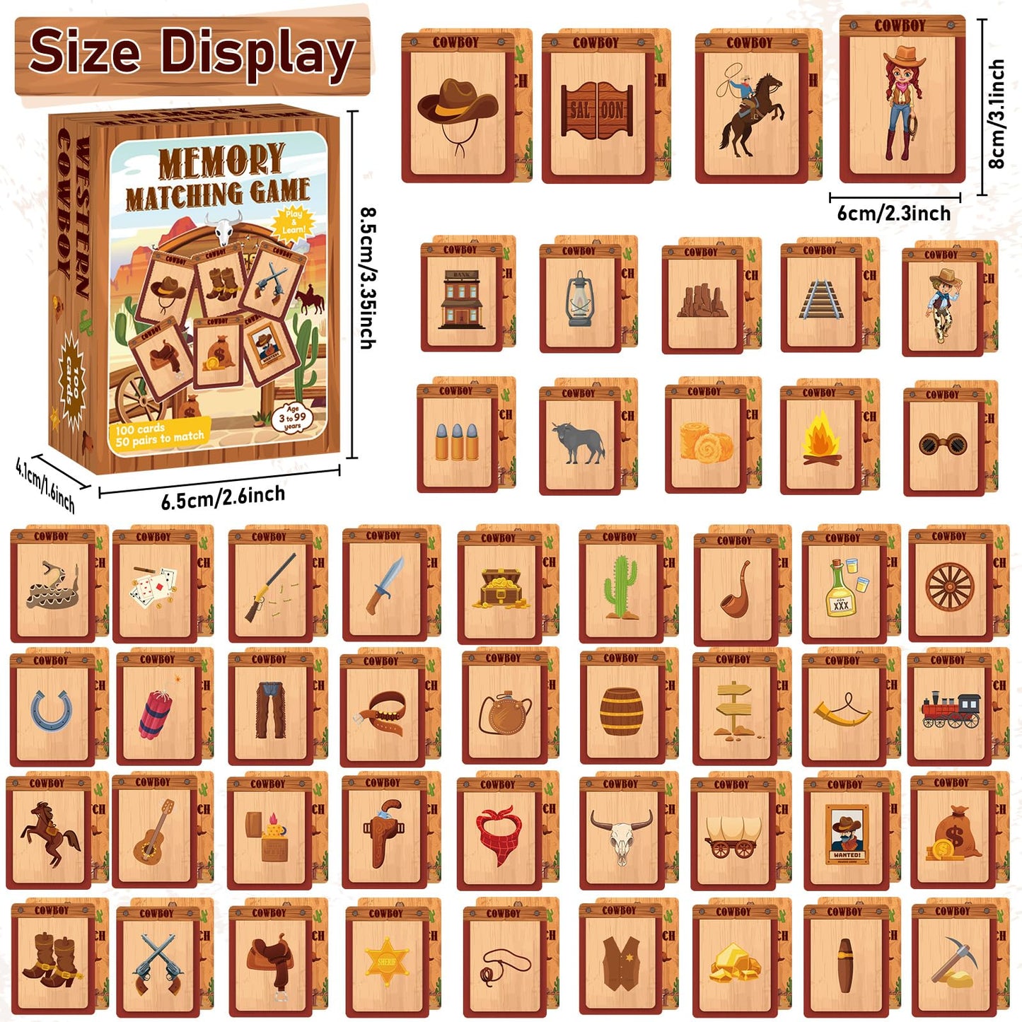gisgfim 50 Pairs Cowboy Memory Matching Game – Western Theme for Kids