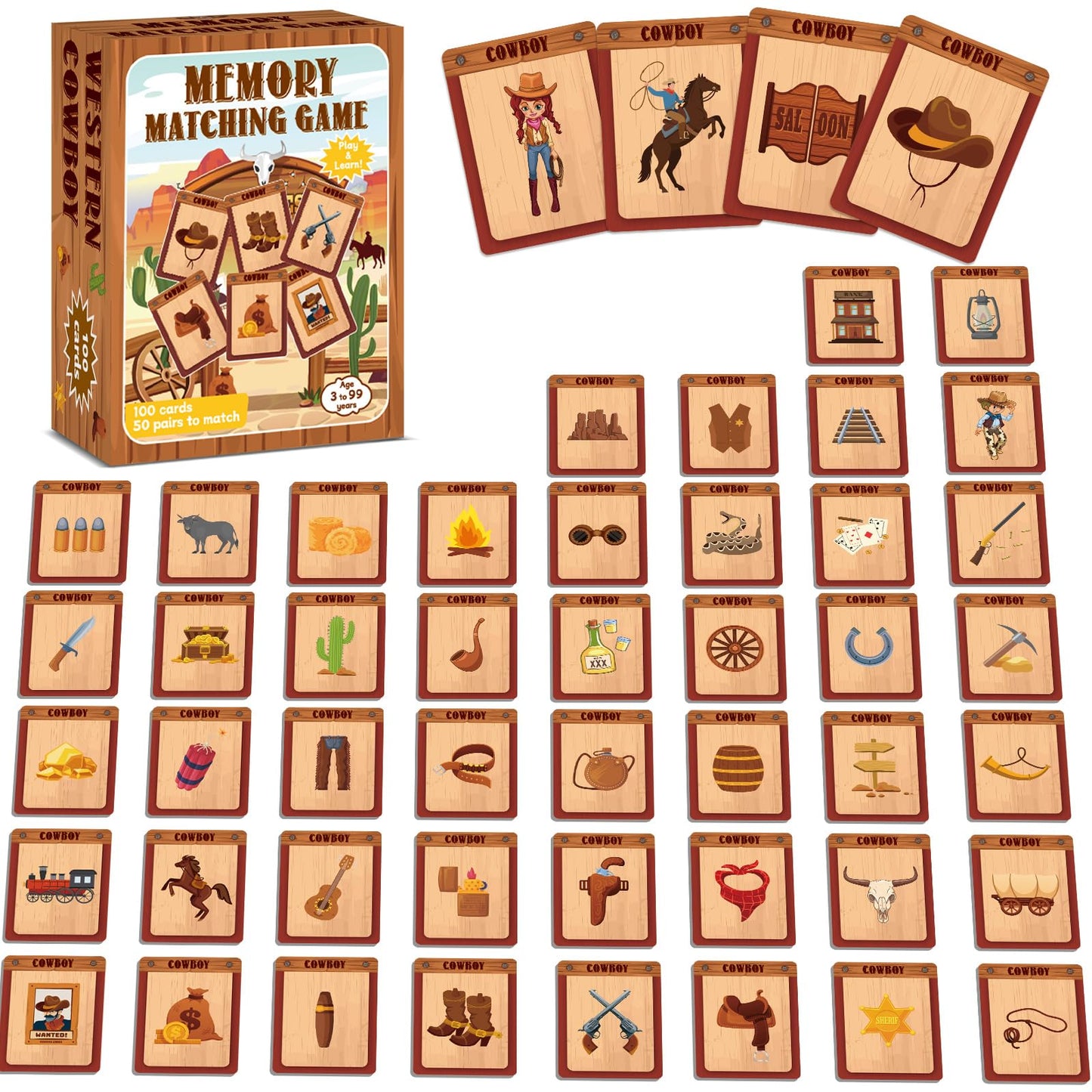 gisgfim 50 Pairs Cowboy Memory Matching Game – Western Theme for Kids