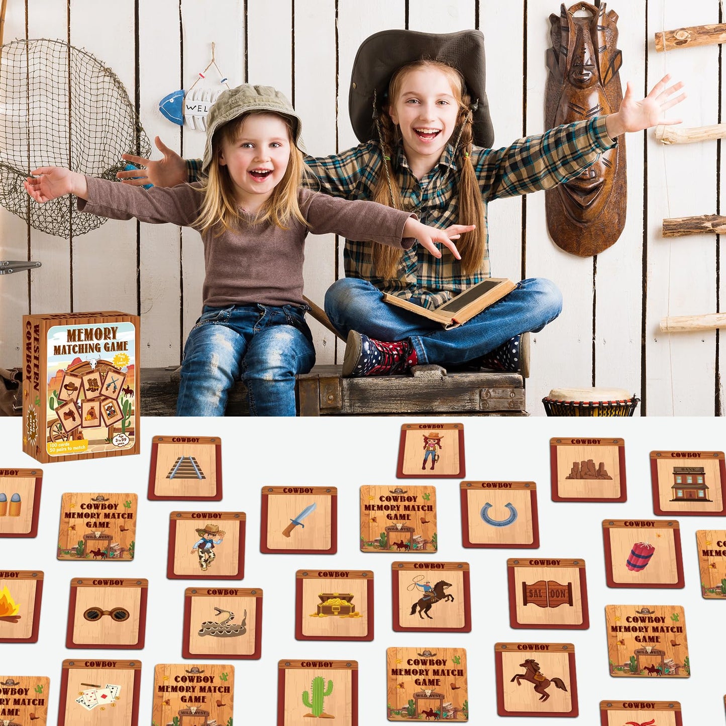 gisgfim 50 Pairs Cowboy Memory Matching Game – Western Theme for Kids