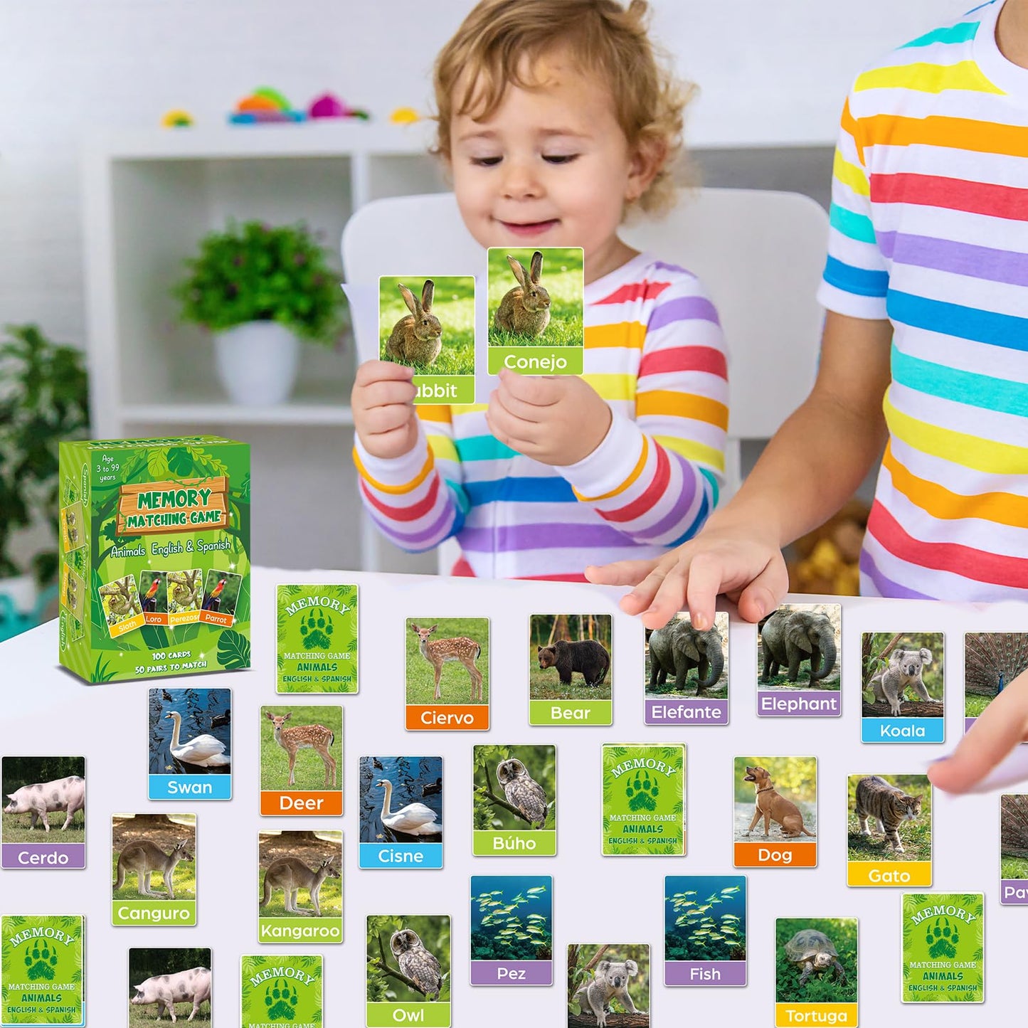 gisgfim Bilingual Animal Memory Game – 50 Pairs, English & Spanish, for Kids & Families