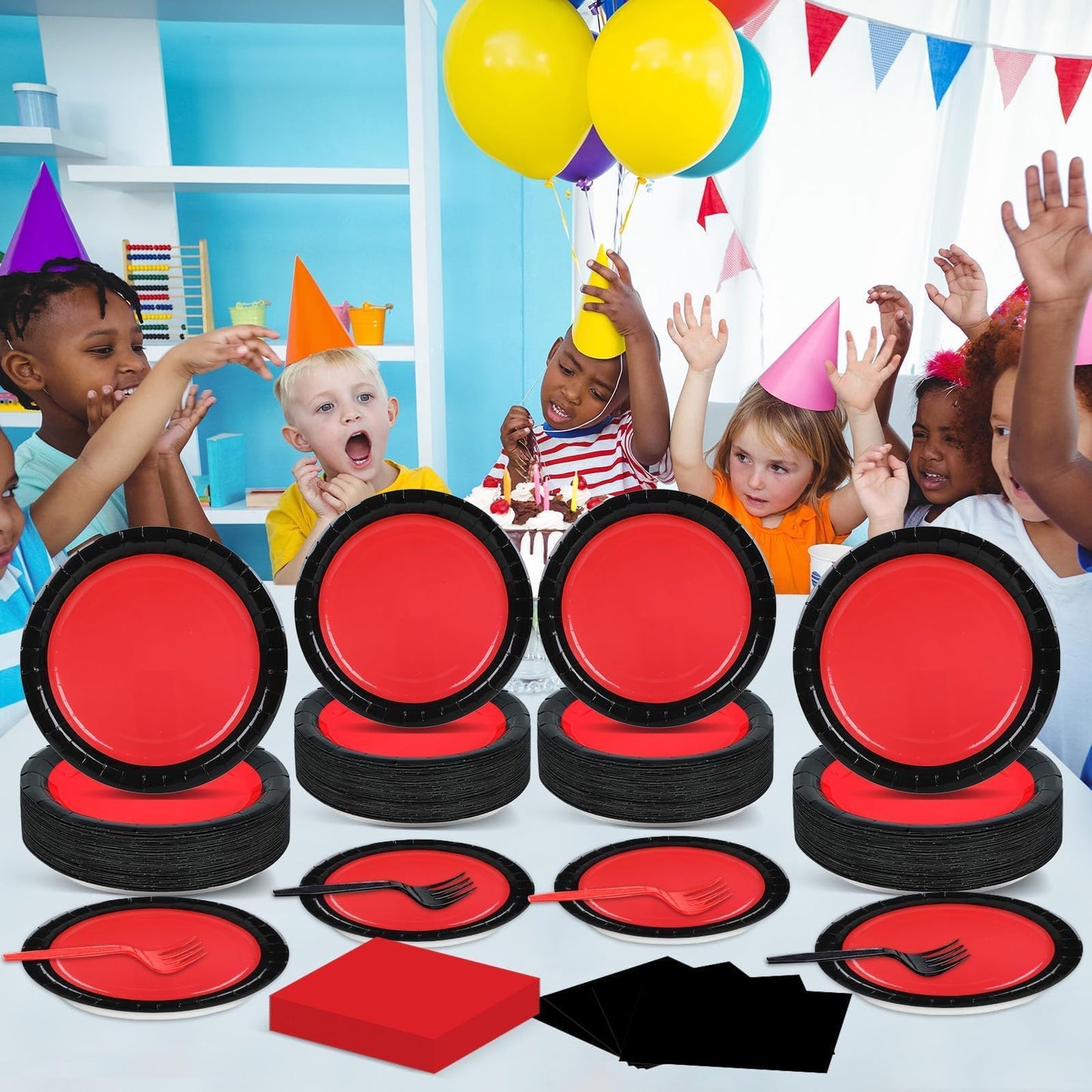 gisgfim 50 Guests Red & Black Party Supplies — 200Pcs Disposable Plates, Napkins & Forks