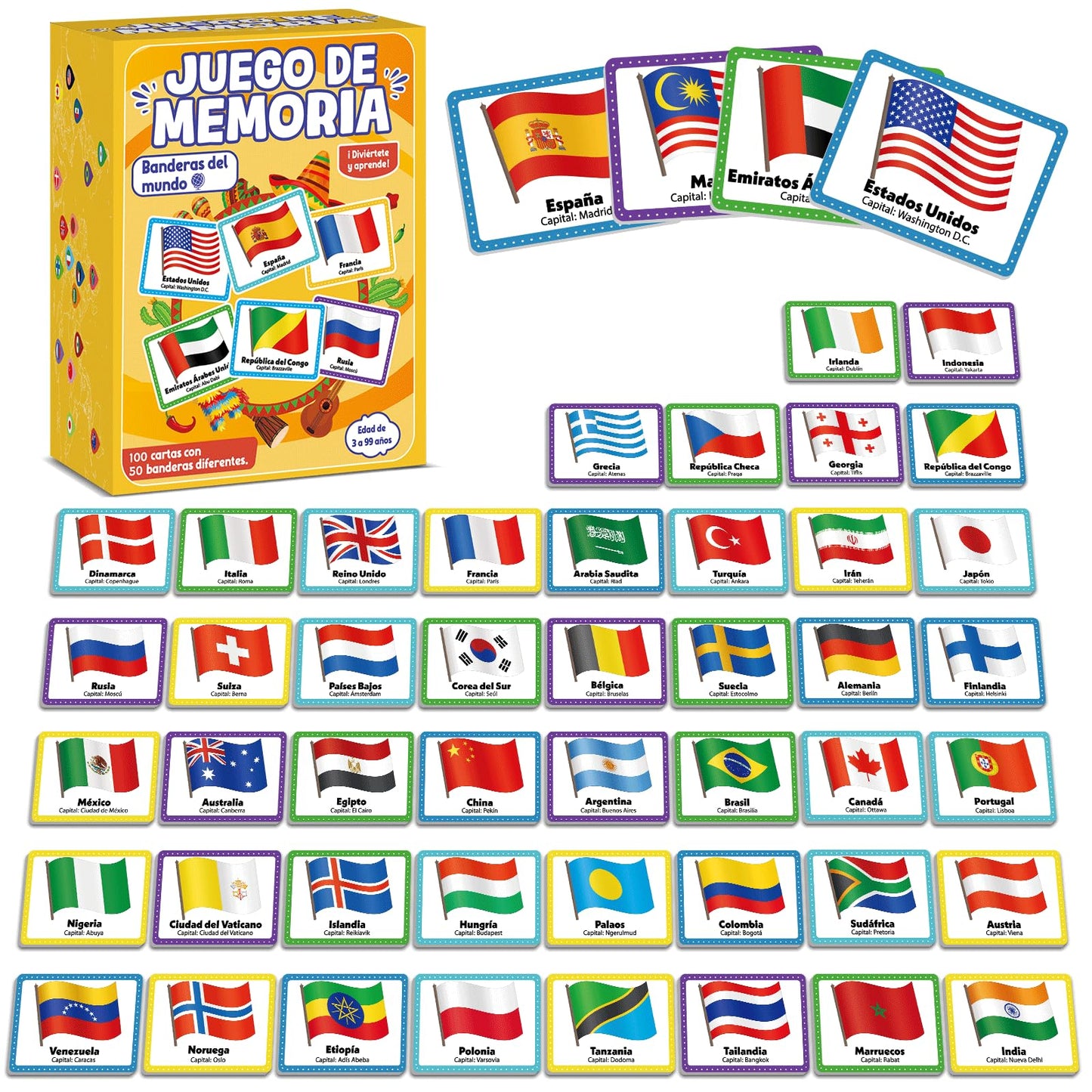 gisgfim Flags of the World Memory Game – 50 Pairs (Spanish Edition) for Kids & Adults