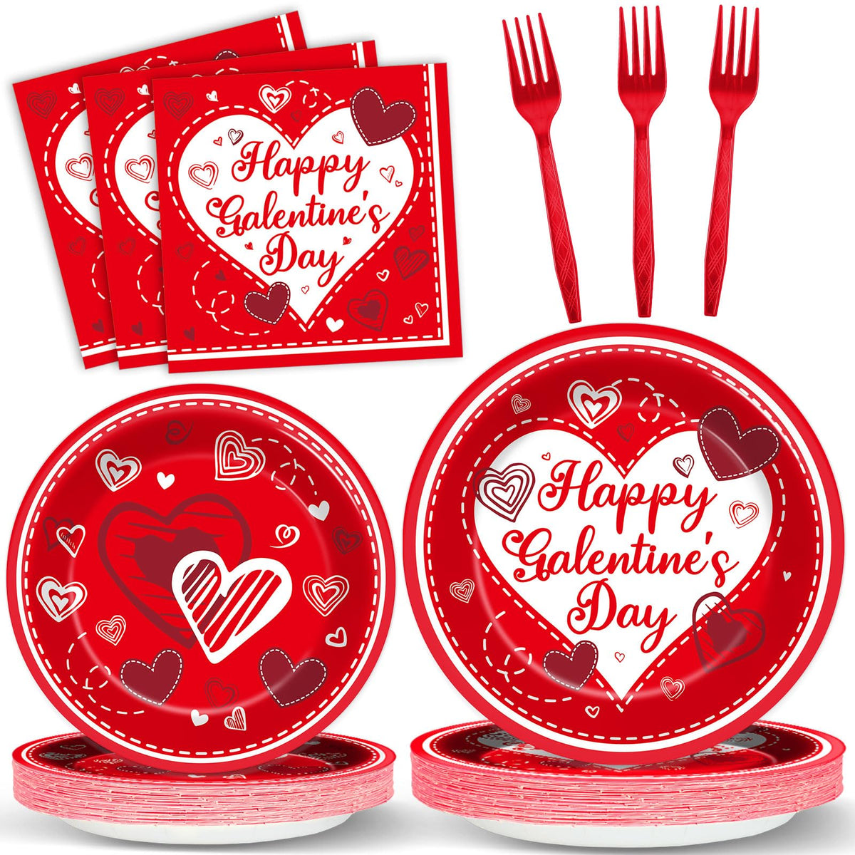gisgfim 96Pcs Galentine's Day Tableware Set — Red Plates, Napkins & Forks for 24