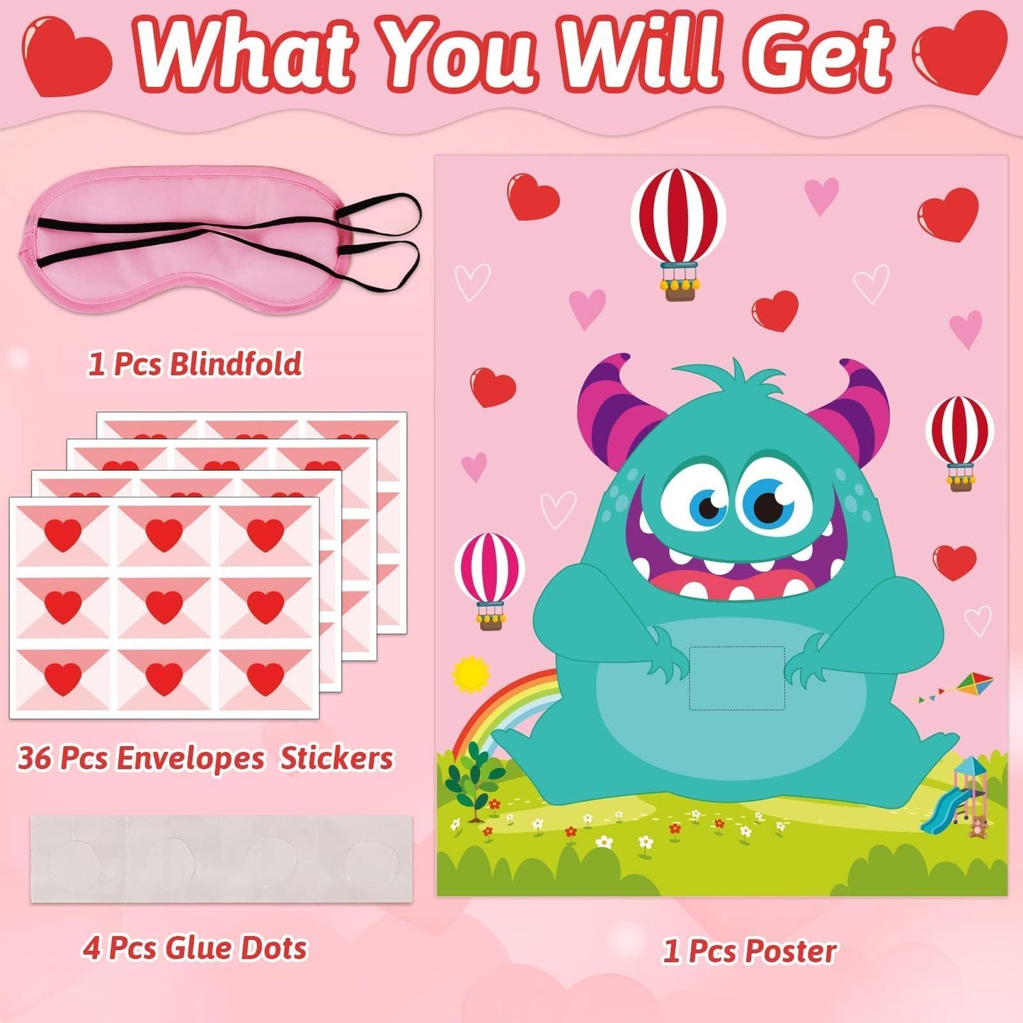 gisgfim Valentine Day Games for Kids – Pin The Heart on The Monster with 36 Heart Stickers