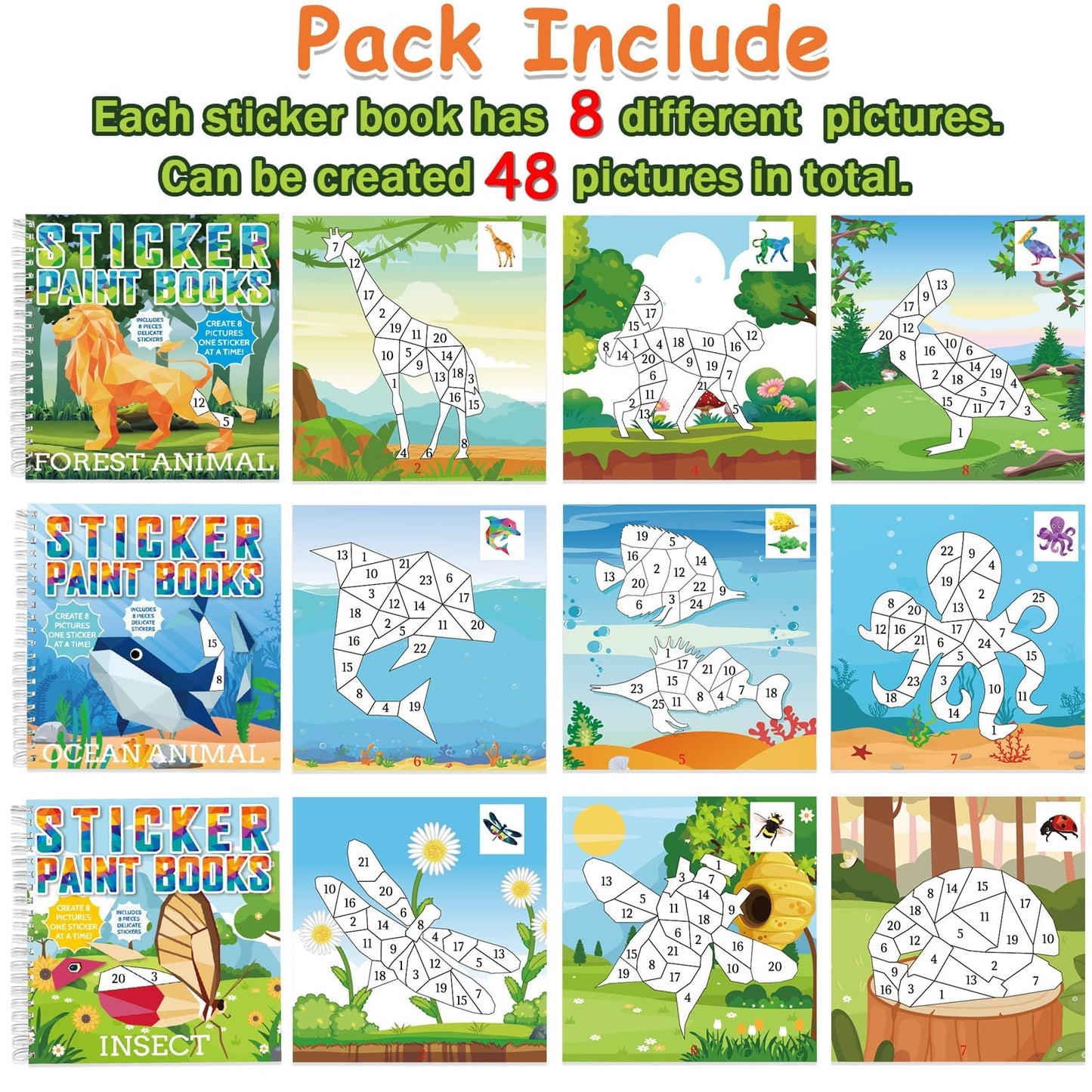 gisgfim 6 Pcs Paint by Sticker Books for Kids 4-8 — 48 Pictures