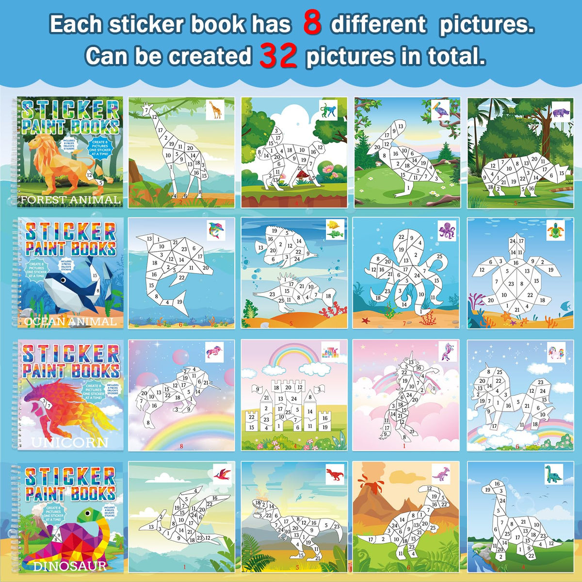 Gisgfim 4 Pcs Paint by Sticker Books – Dinosaur, Unicorn, Ocean & Forest Animals