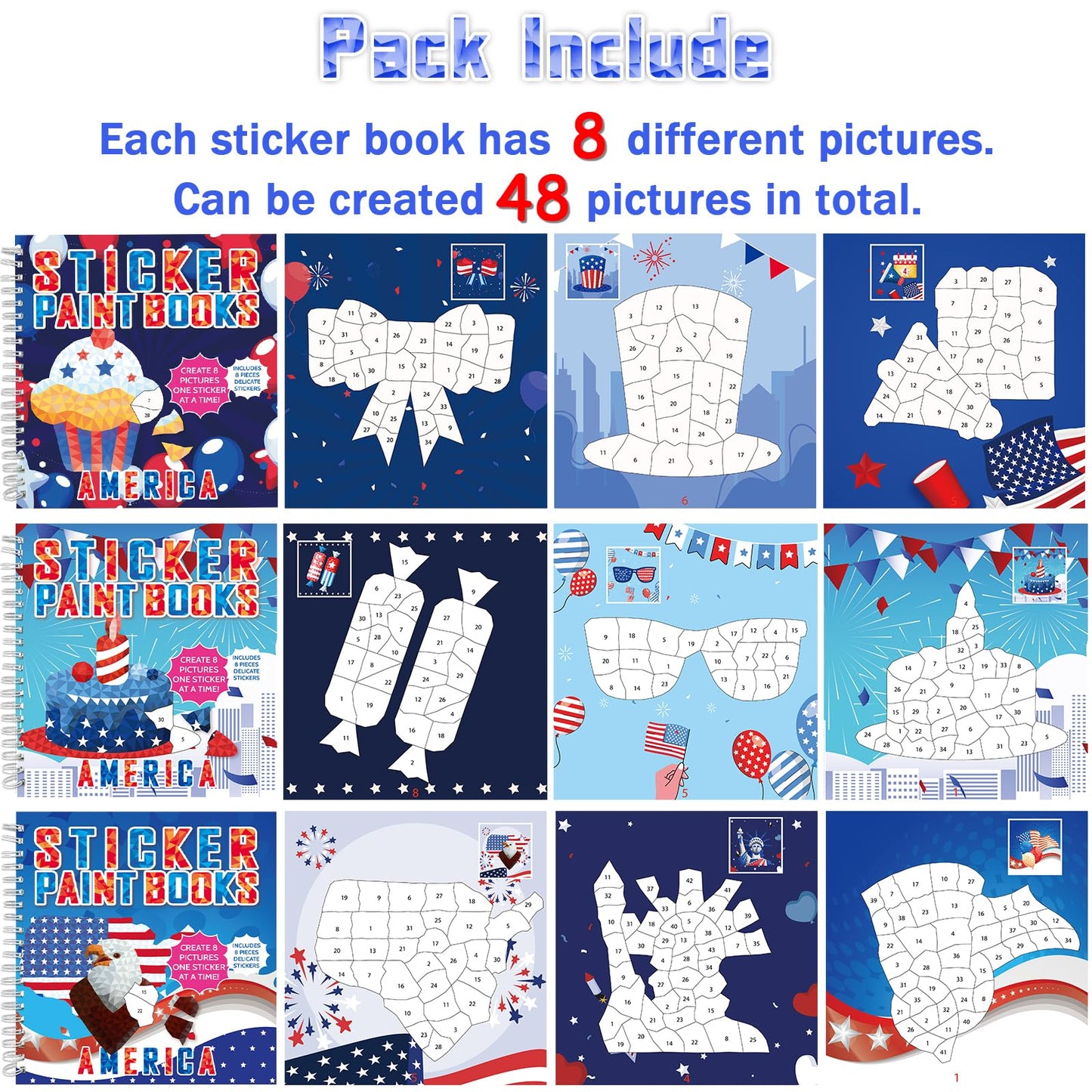gisgfim 6pcs patriotic sticker books – sticker by number, 48 pictures for kids 4-8 | 4th of July & Memorial Day
