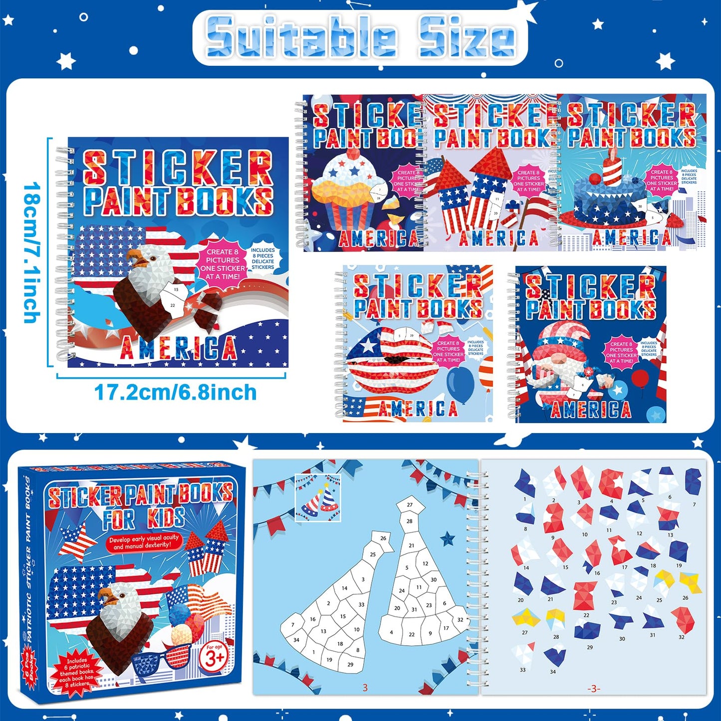 gisgfim 6pcs patriotic sticker books – sticker by number, 48 pictures for kids 4-8 | 4th of July & Memorial Day