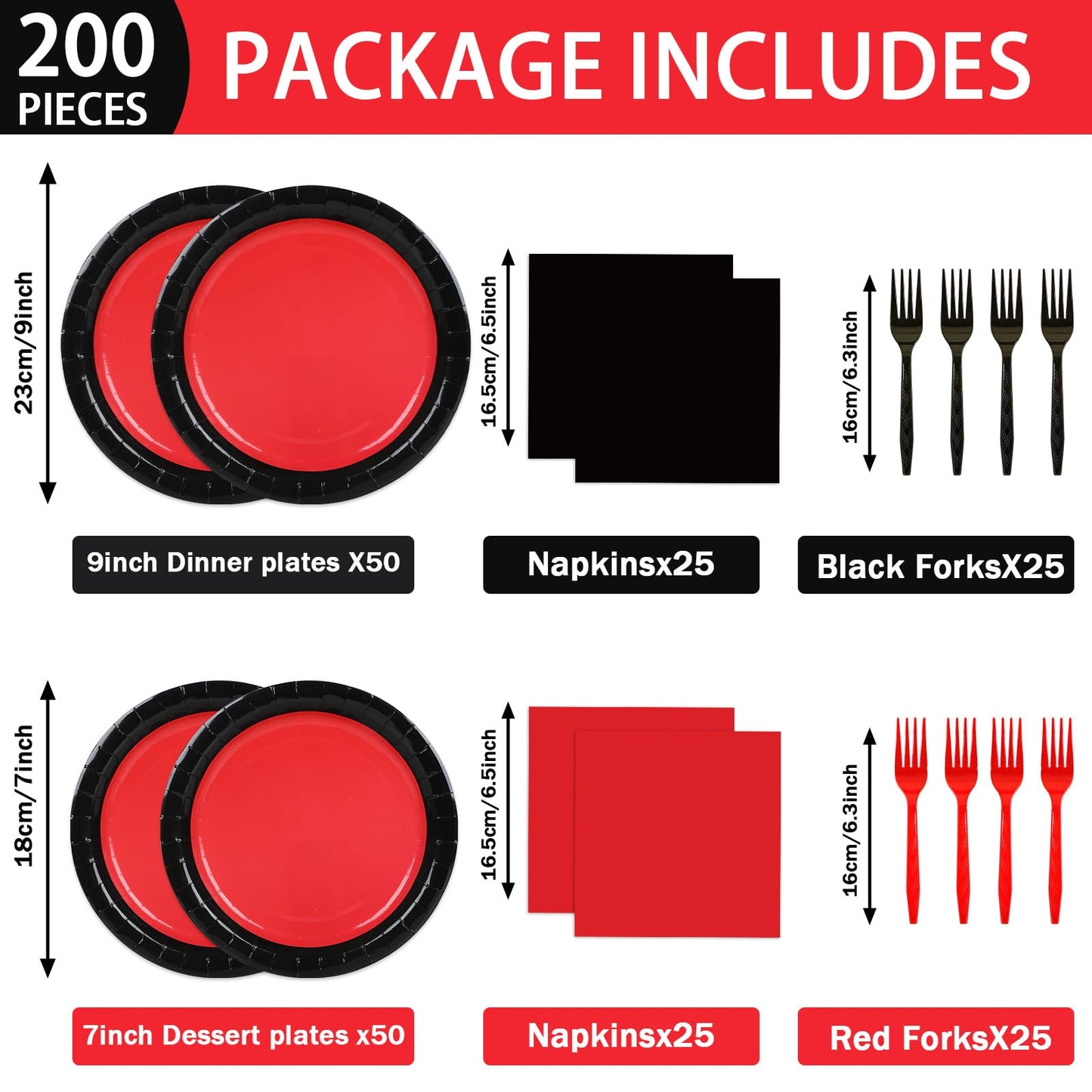 gisgfim 50 Guests Red & Black Party Supplies — 200Pcs Disposable Plates, Napkins & Forks