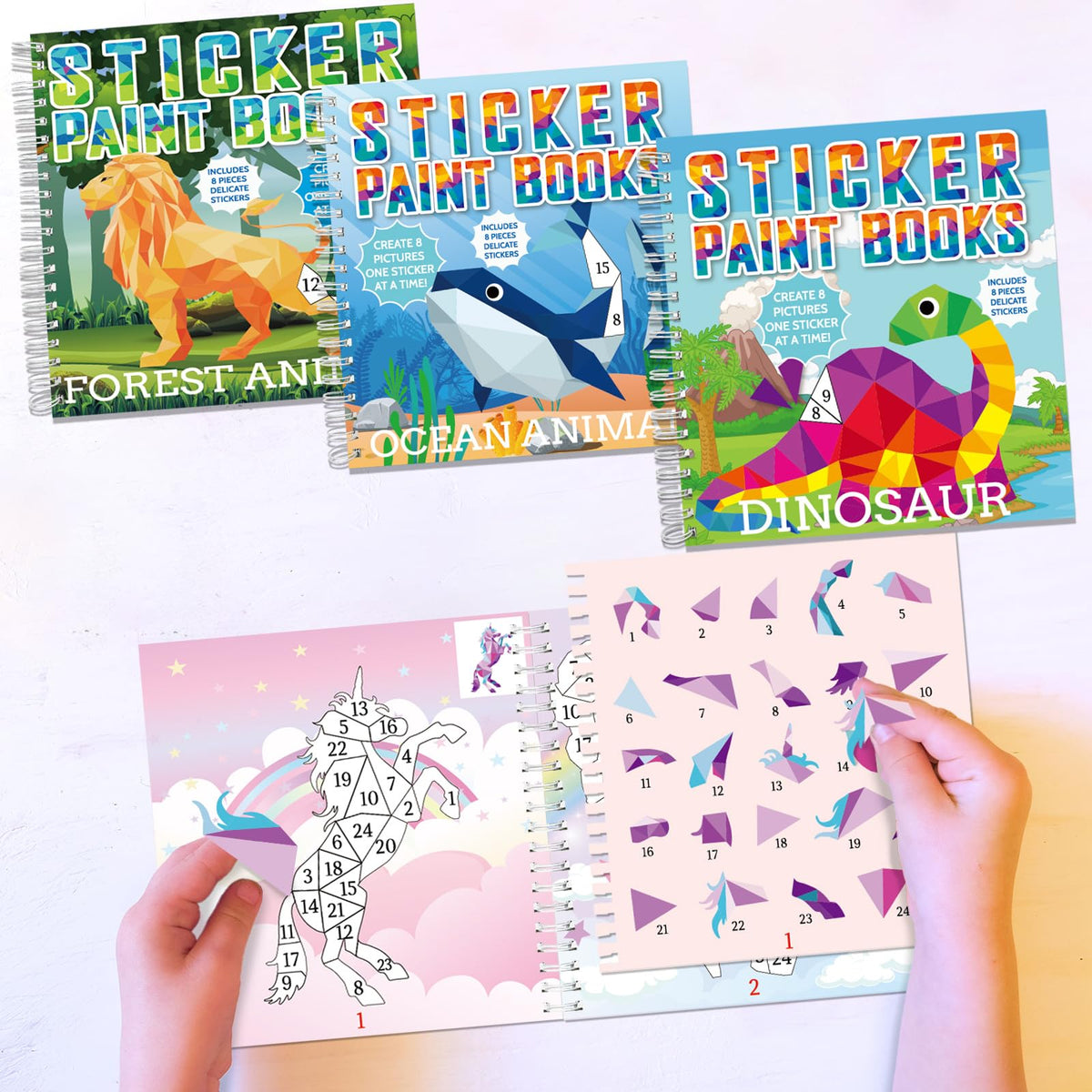 Gisgfim 4 Pcs Paint by Sticker Books – Dinosaur, Unicorn, Ocean & Forest Animals