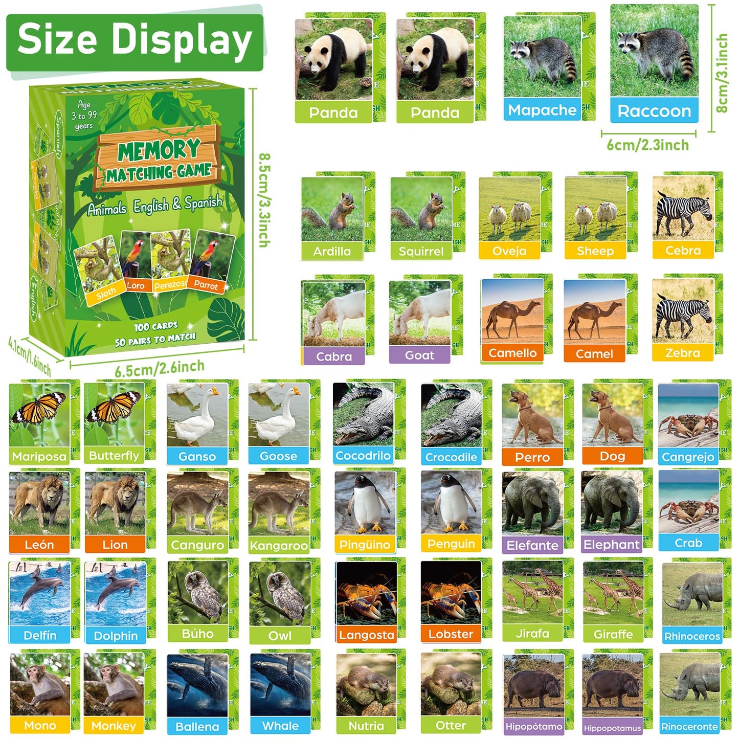 gisgfim Bilingual Animal Memory Game – 50 Pairs, English & Spanish, for Kids & Families