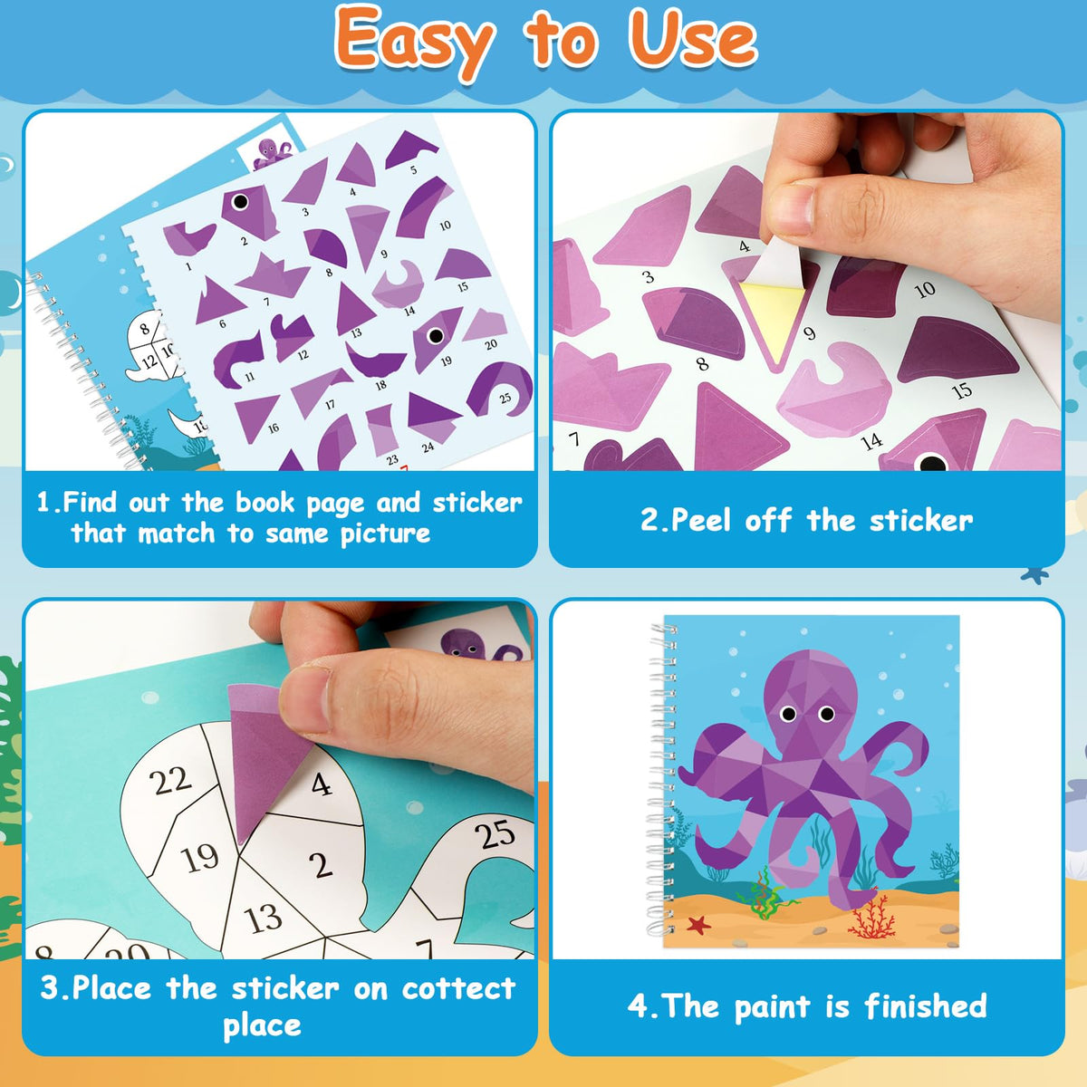 Gisgfim 4 Pcs Paint by Sticker Books – Dinosaur, Unicorn, Ocean & Forest Animals