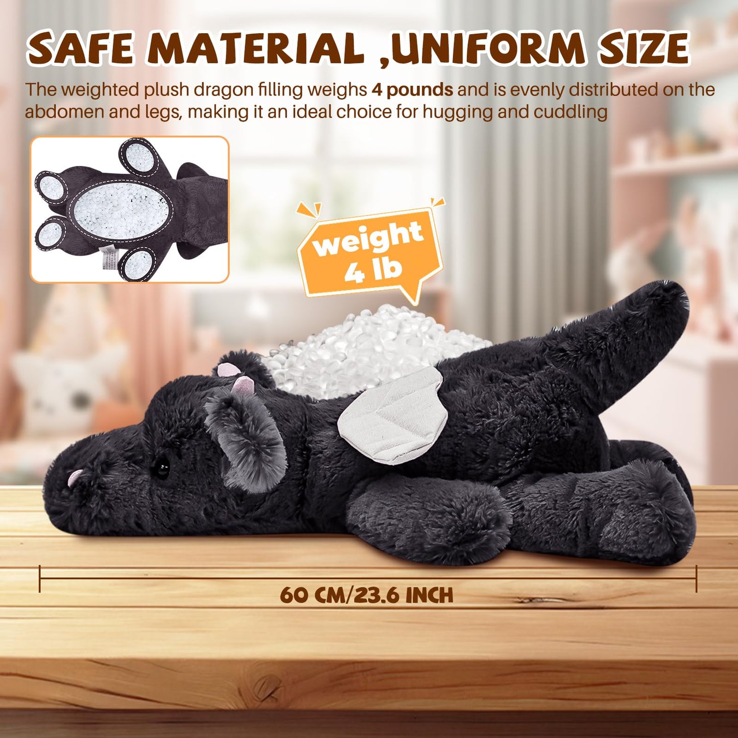 Gisqis 4-Pound Dragon Weighted Stuffed Animal | 23.6-Inch Giant Black Dragon Plush – Soft, Safe Comfort