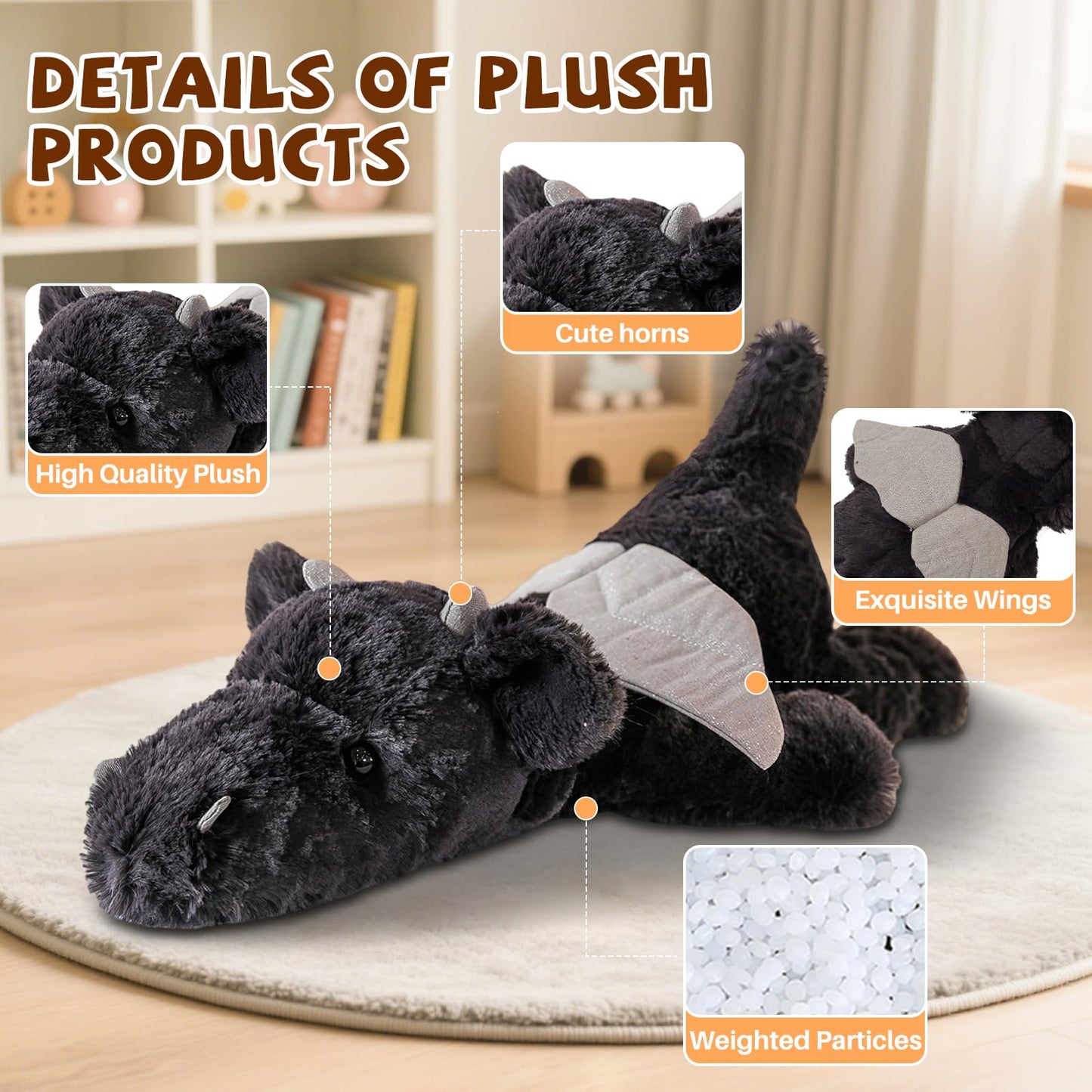 Gisqis 20.5-Inch Weighted Dragon Plush – Soft Black Dragon Stuffed Animal