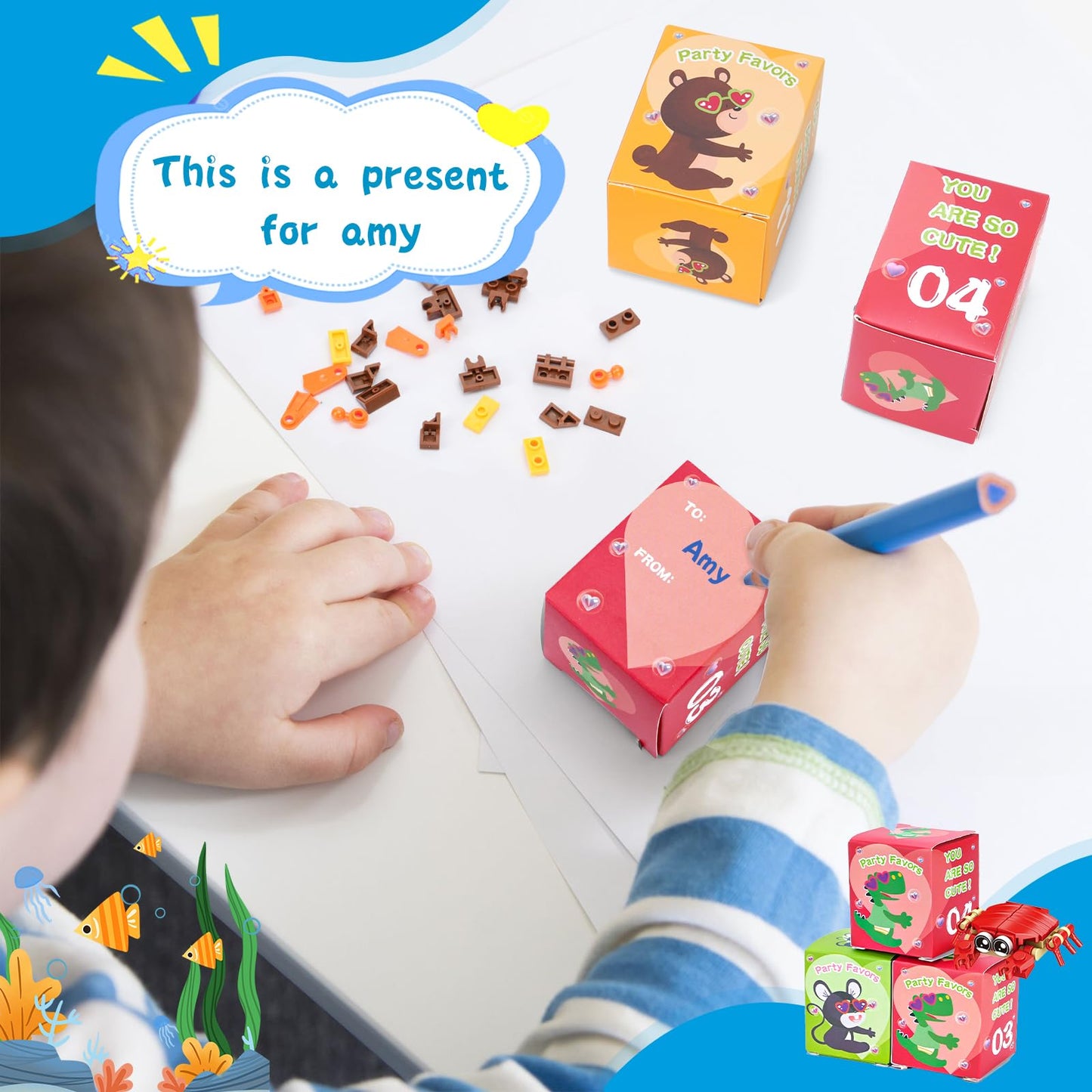 Giveuplay 24-Pack Valentine’s Day Ocean Building Blocks – Kids Gifts & Classroom Favors