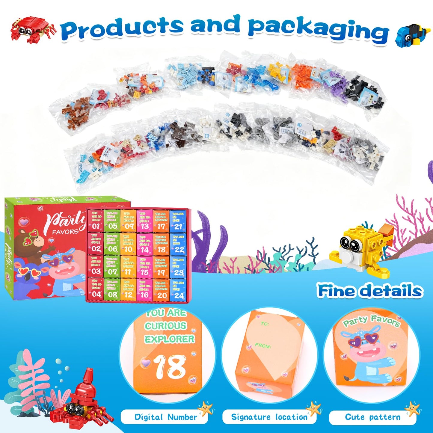 Giveuplay 24-Pack Valentine’s Day Ocean Building Blocks – Kids Gifts & Classroom Favors