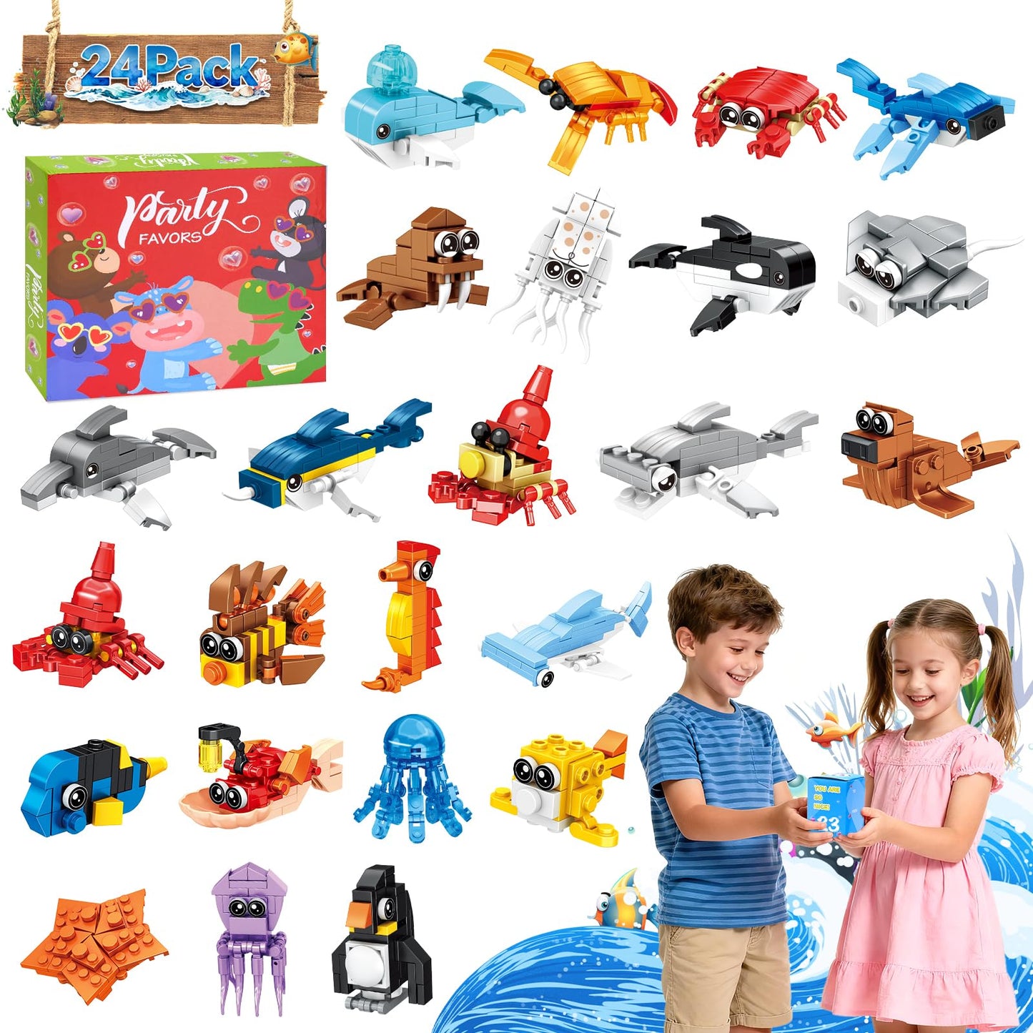 Giveuplay 24-Pack Valentine’s Day Ocean Building Blocks – Kids Gifts & Classroom Favors