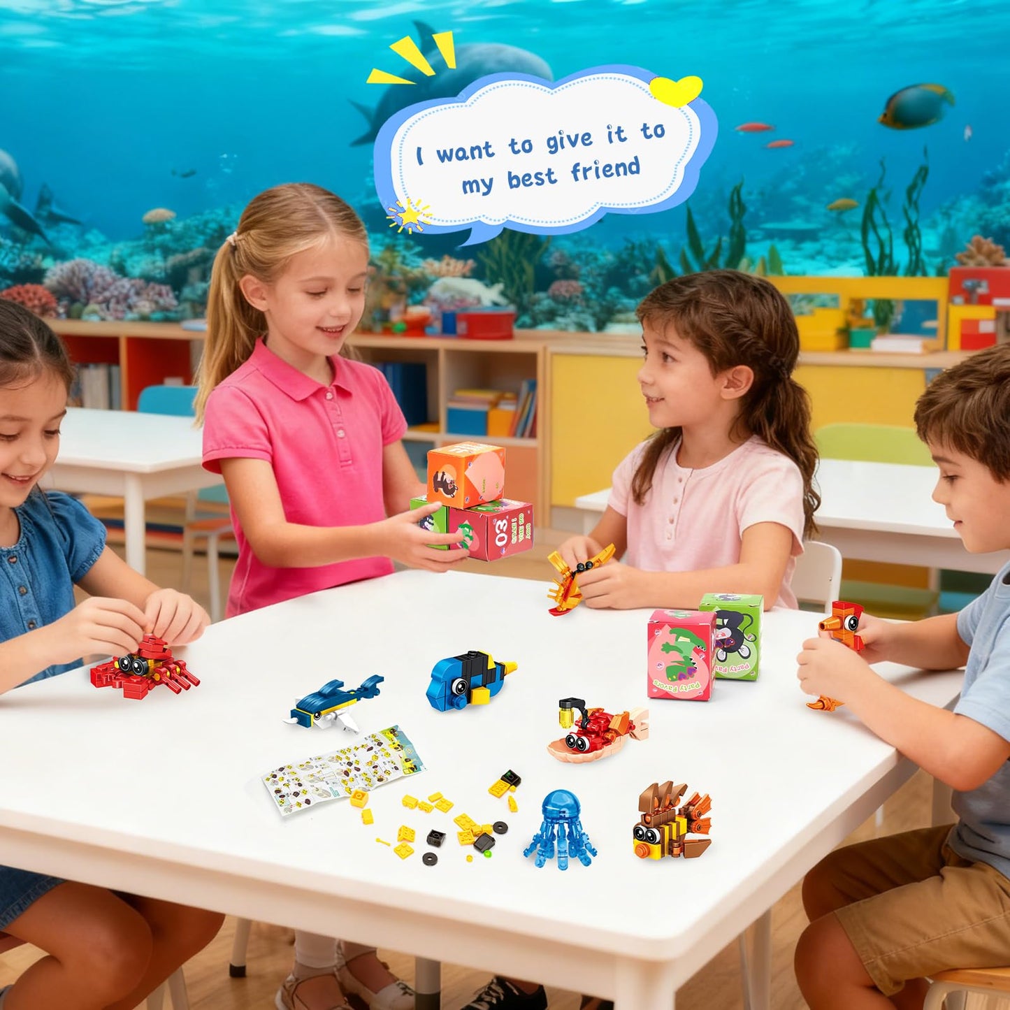 Giveuplay 24-Pack Valentine’s Day Ocean Building Blocks – Kids Gifts & Classroom Favors