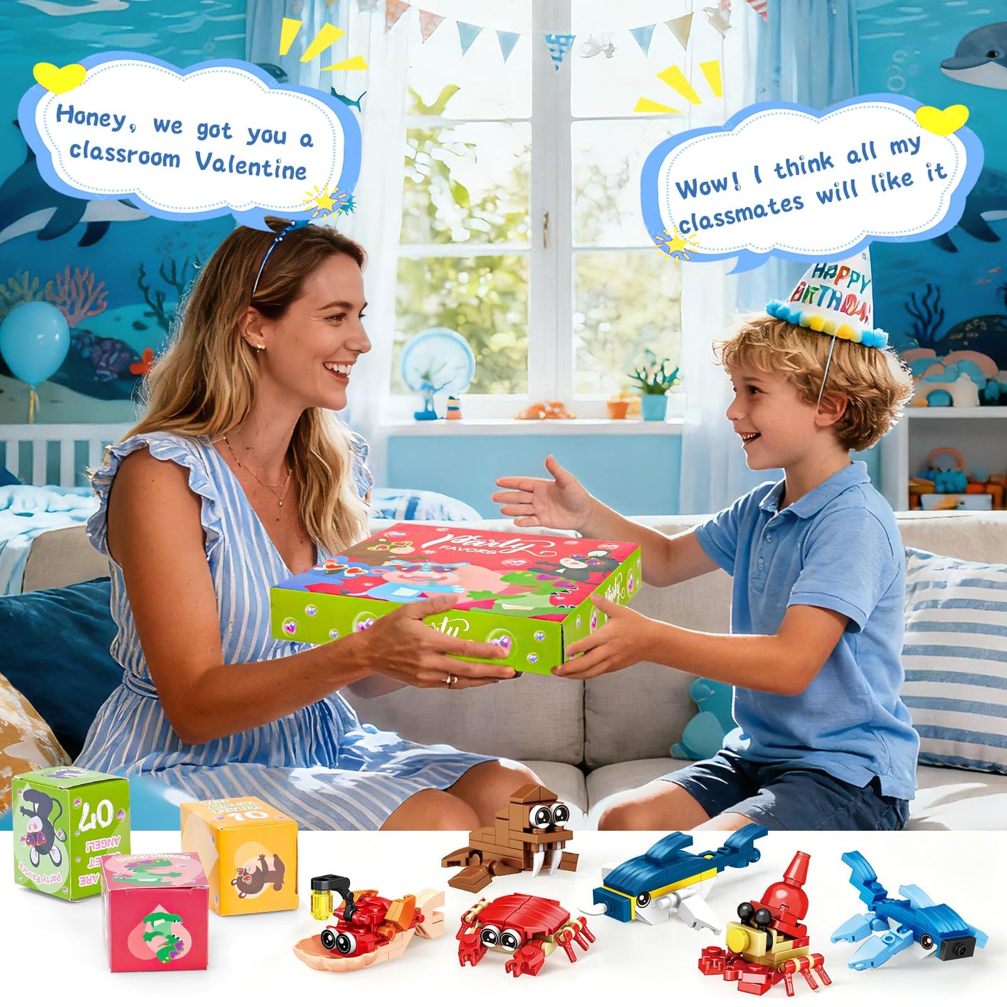 Giveuplay 24-Pack Valentine’s Day Ocean Building Blocks – Kids Gifts & Classroom Favors