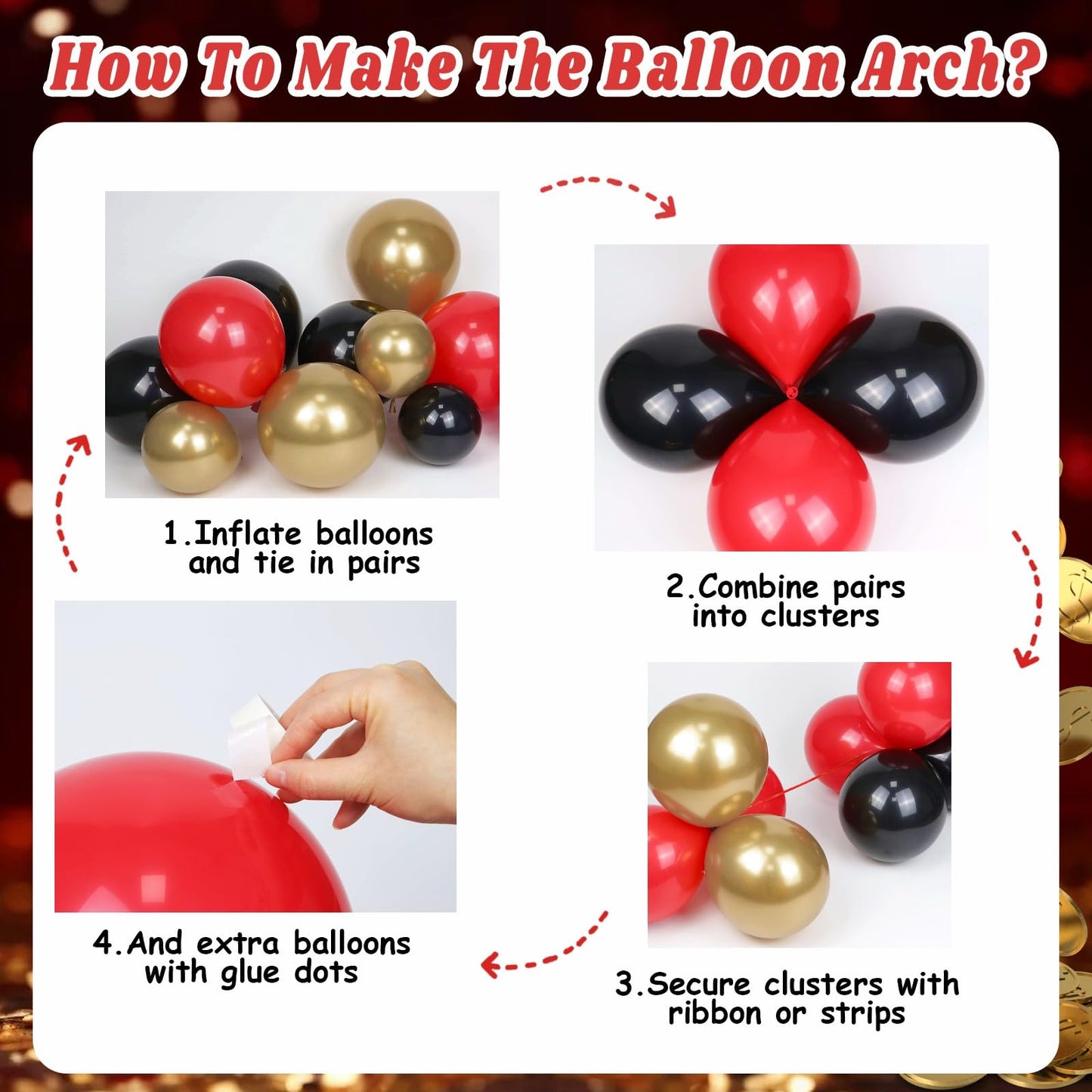 GIZIUXNE Casino Balloon Arch Kit – Black, Red & Gold Balloons with Dice Boxes