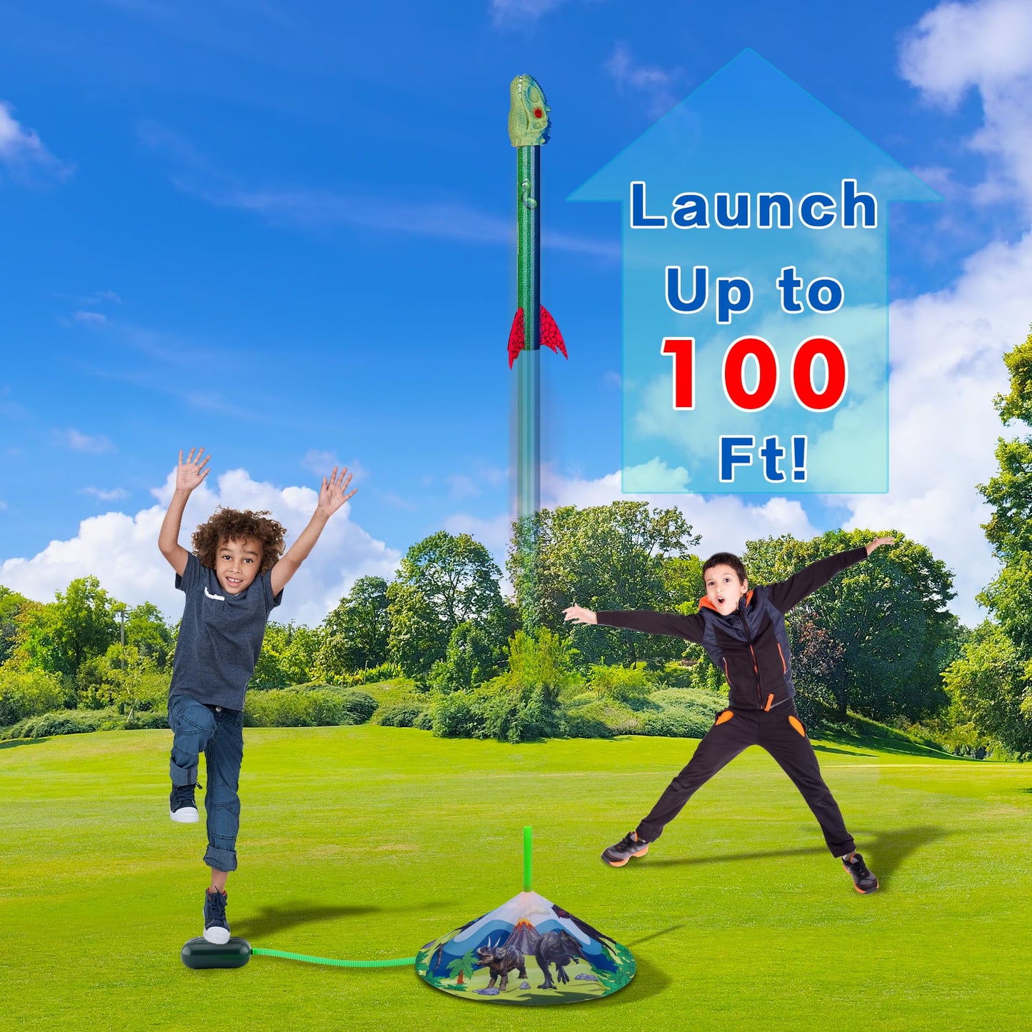 Gizzjoy Dinosaur Rocket Launcher – Outdoor Toy for Kids, 100 Ft Flight, 4 Rockets