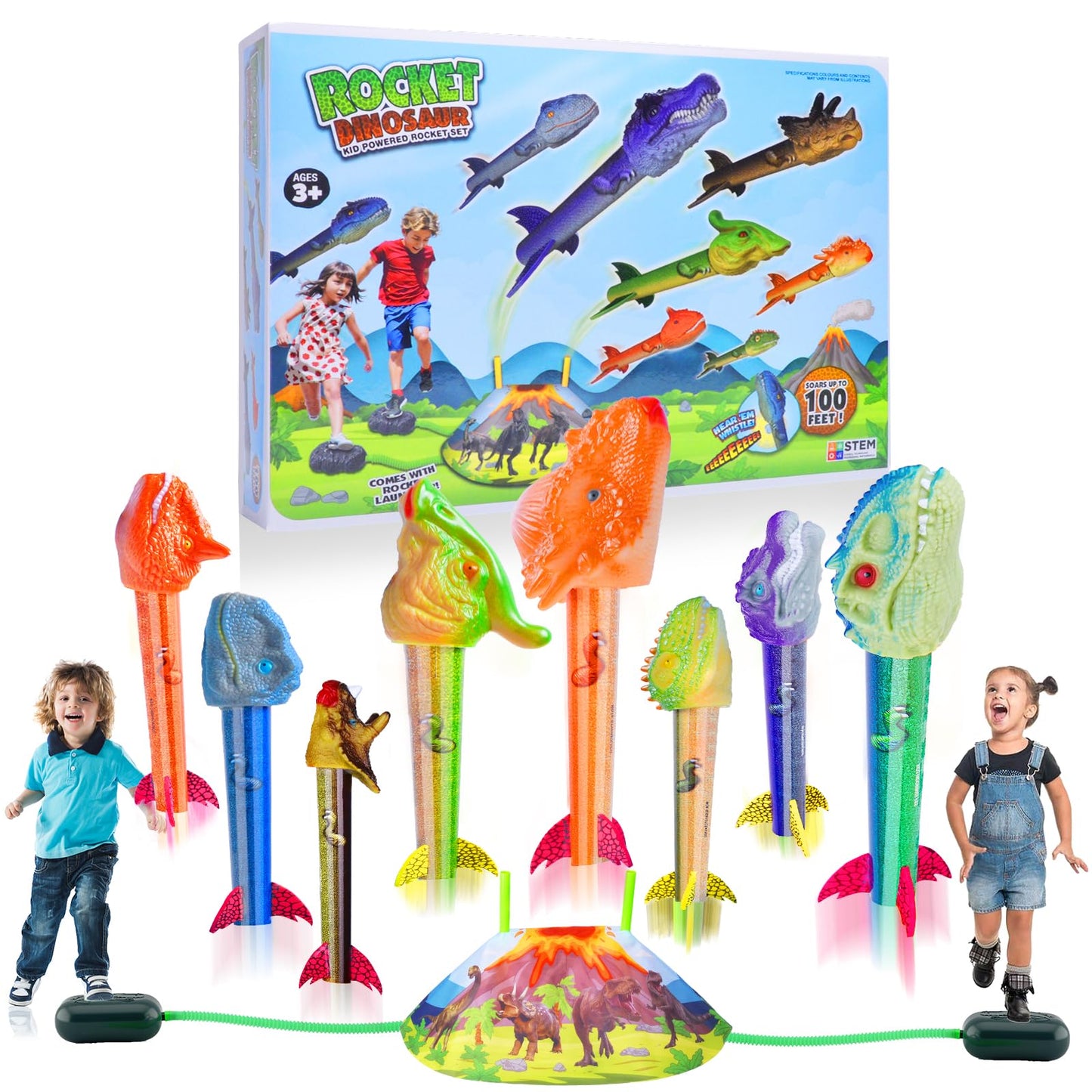 Gizzjoy Dinosaur Rocket Launcher for Kids – 100 Ft Launch, 8 Foam Rockets, 2 Pads