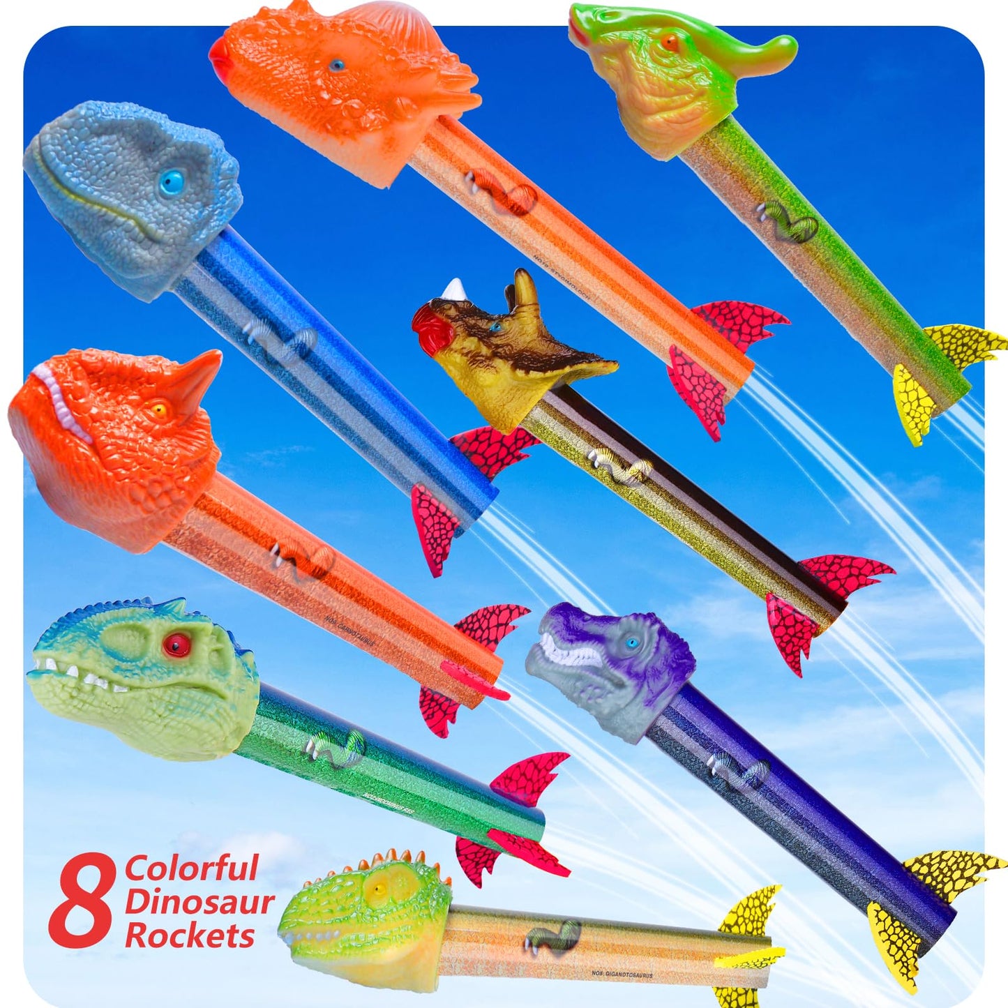 Gizzjoy Dinosaur Rocket Launcher for Kids – 100 Ft Launch, 8 Foam Rockets, 2 Pads