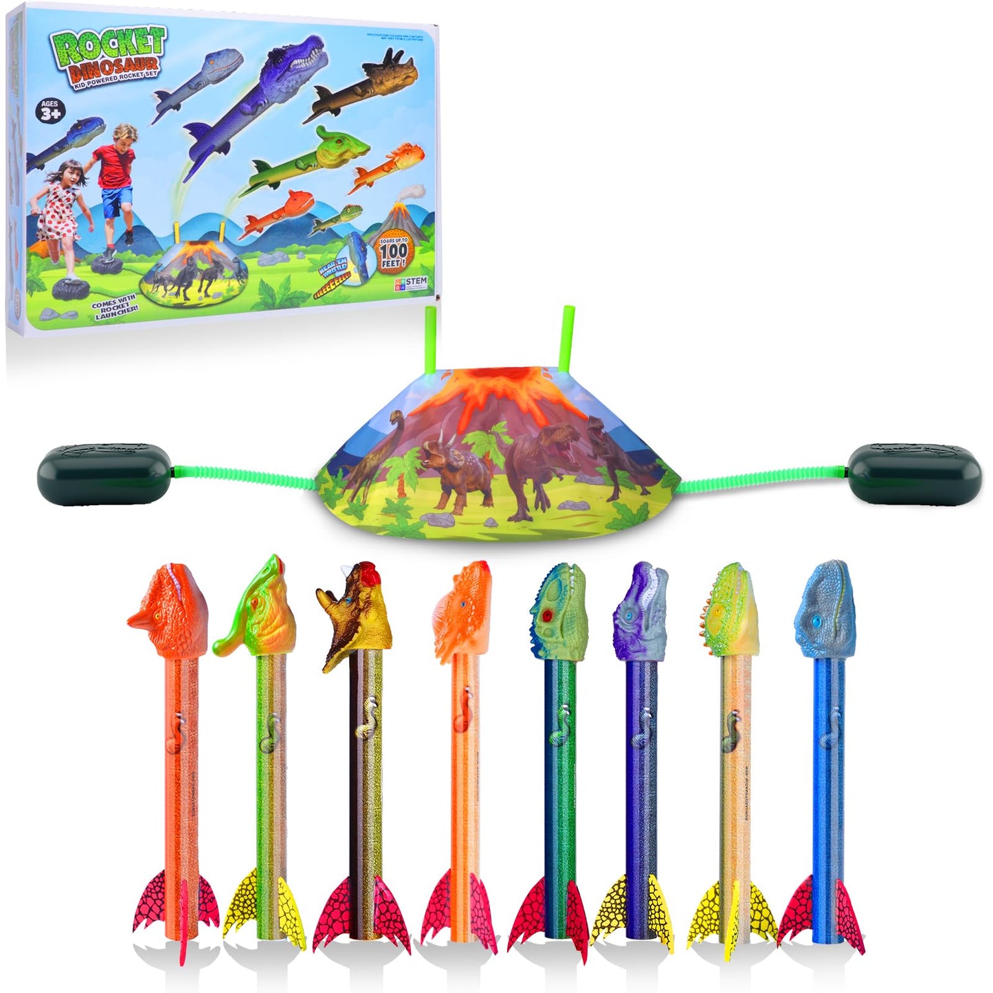 Gizzjoy Dinosaur Rocket Launcher for Kids – 100 Ft Launch, 8 Foam Rockets, 2 Pads