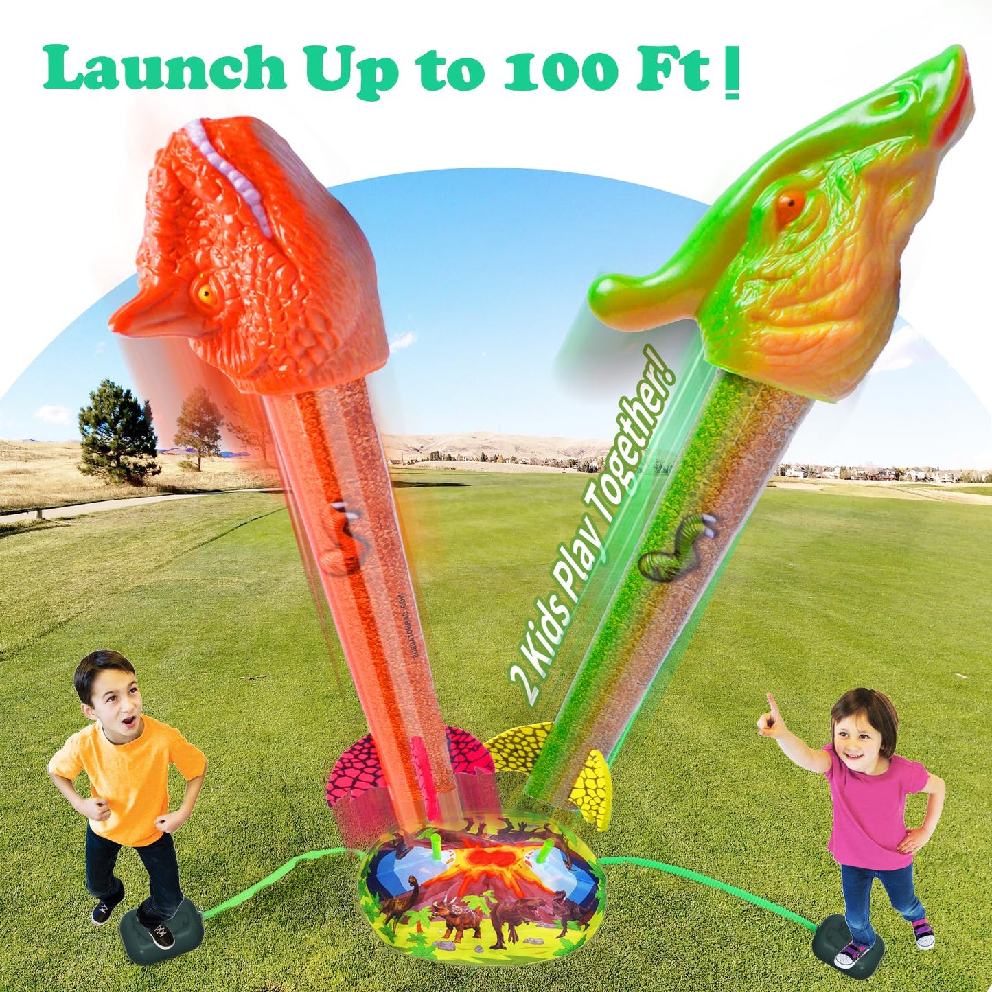 Gizzjoy Dinosaur Rocket Launcher for Kids – 100 Ft Launch, 8 Foam Rockets, 2 Pads