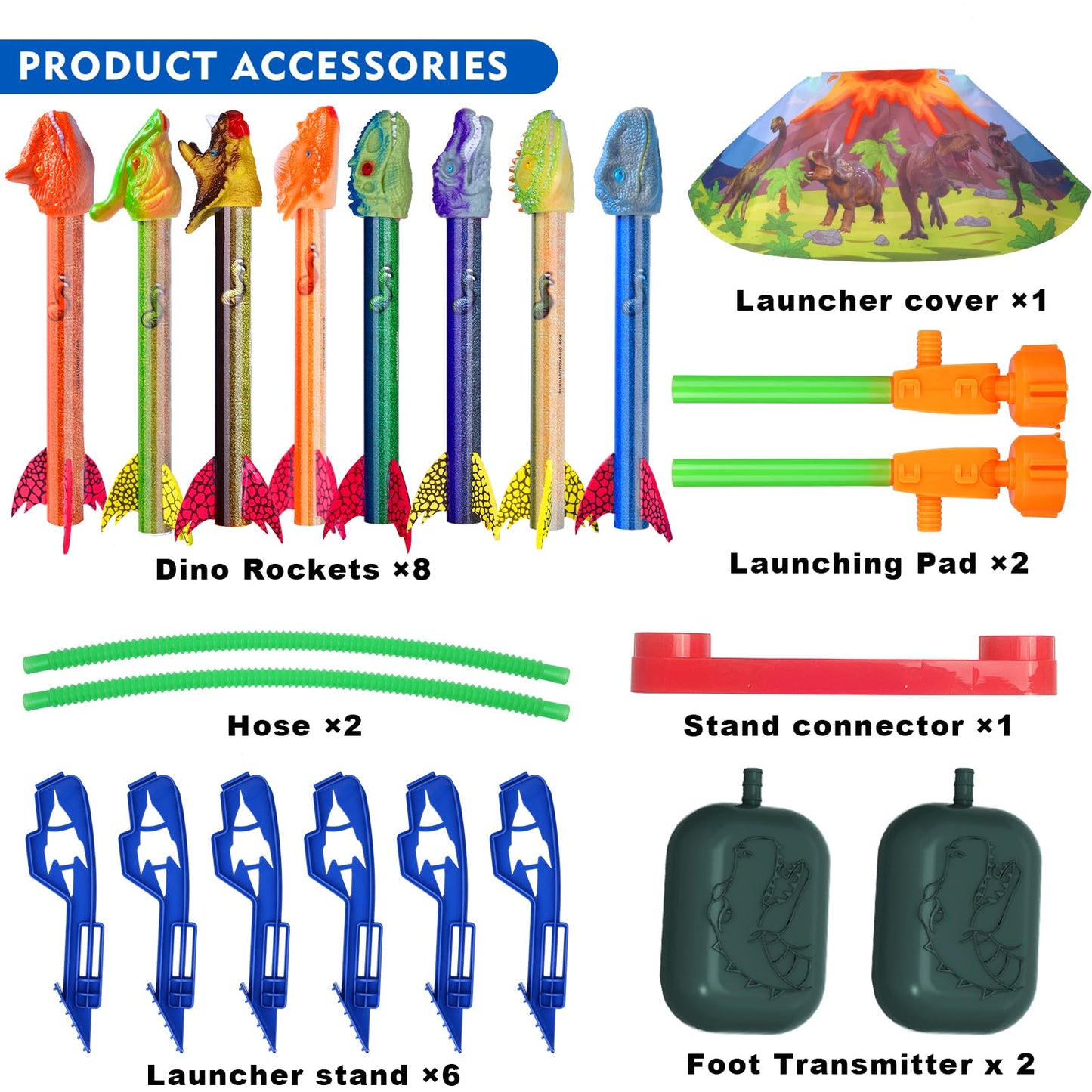 Gizzjoy Dinosaur Rocket Launcher for Kids – 100 Ft Launch, 8 Foam Rockets, 2 Pads