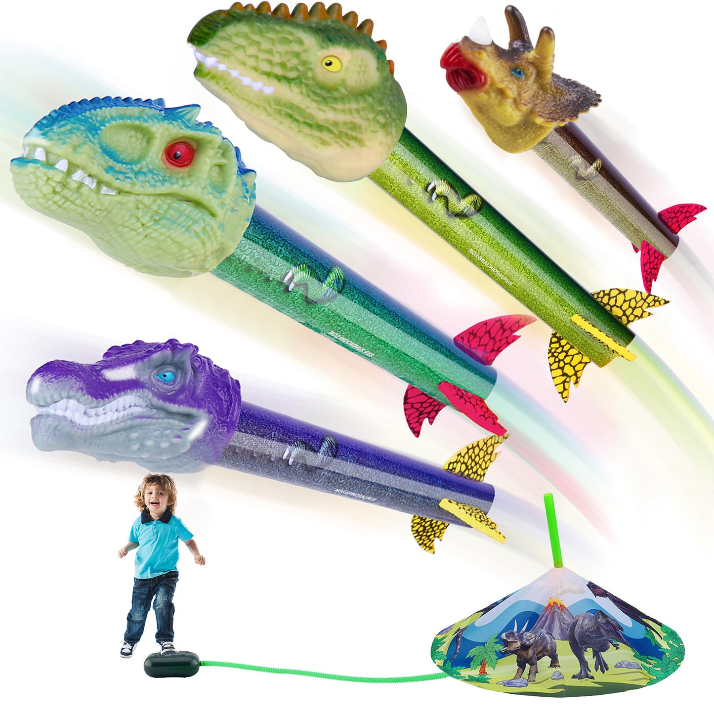 Gizzjoy Dinosaur Rocket Launcher – Outdoor Toy for Kids, 100 Ft Flight, 4 Rockets