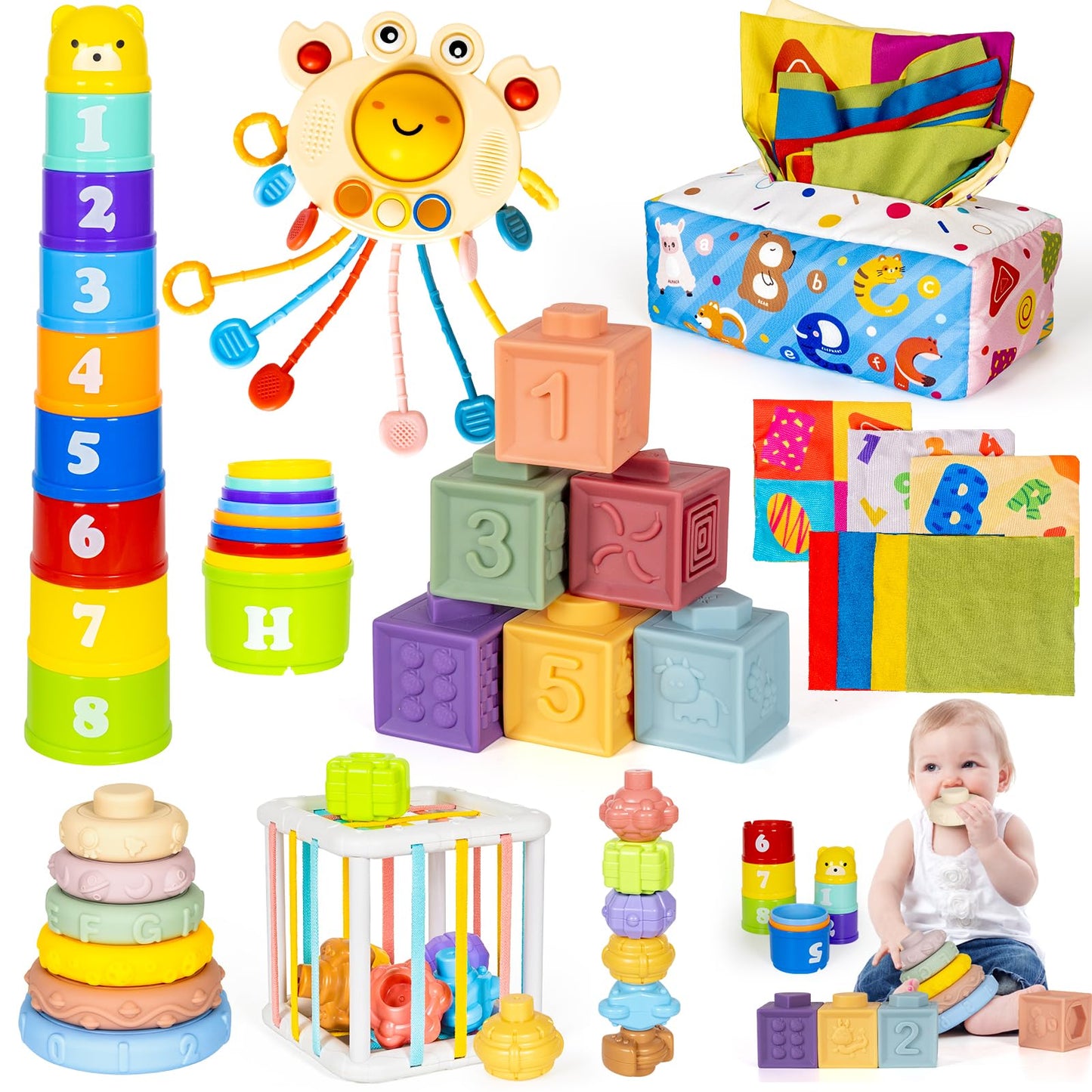 GJOF2YK 6-in-1 Montessori Toys for Babies – Sensory Stack & Teething Kit
