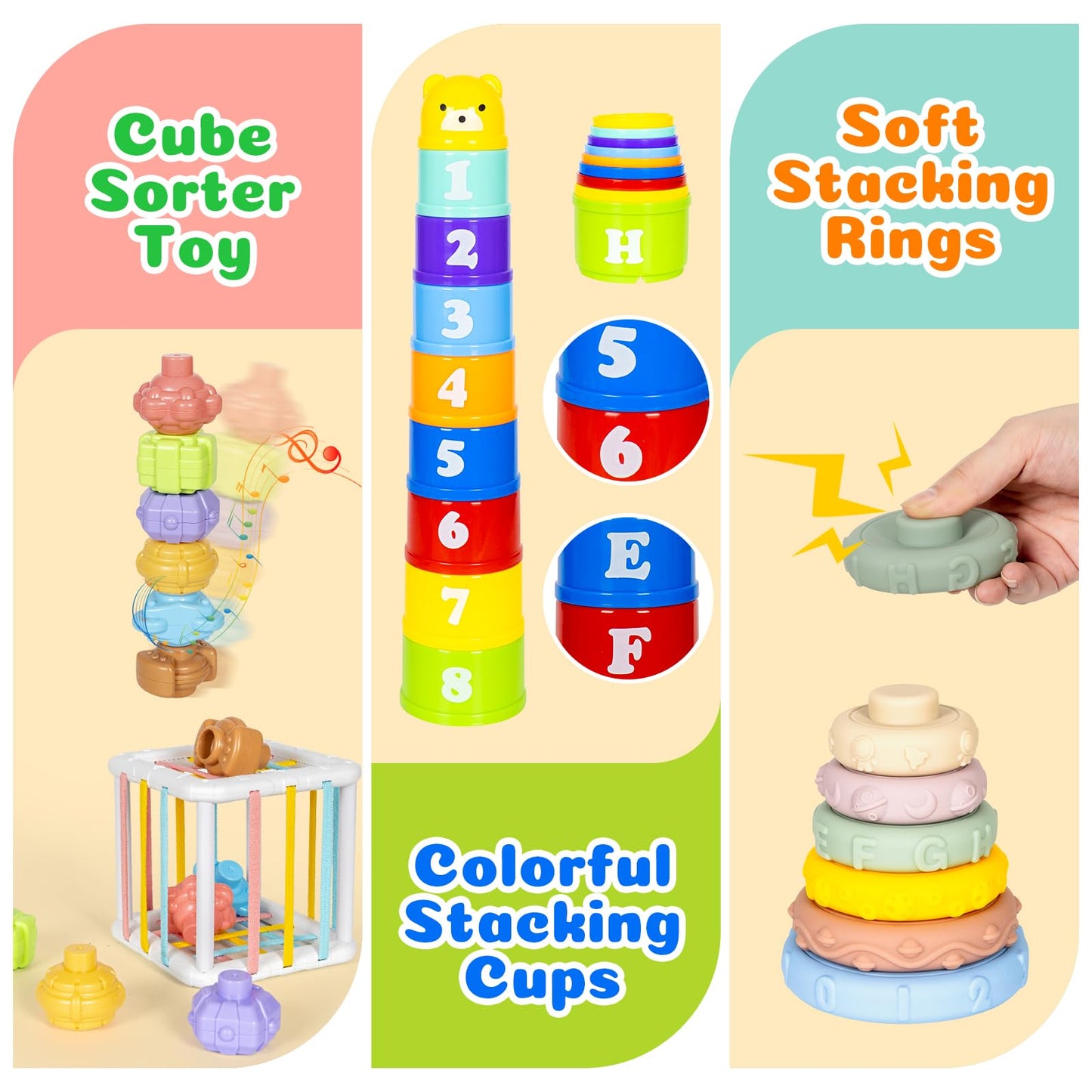 GJOF2YK 6-in-1 Montessori Toys for Babies – Sensory Stack & Teething Kit