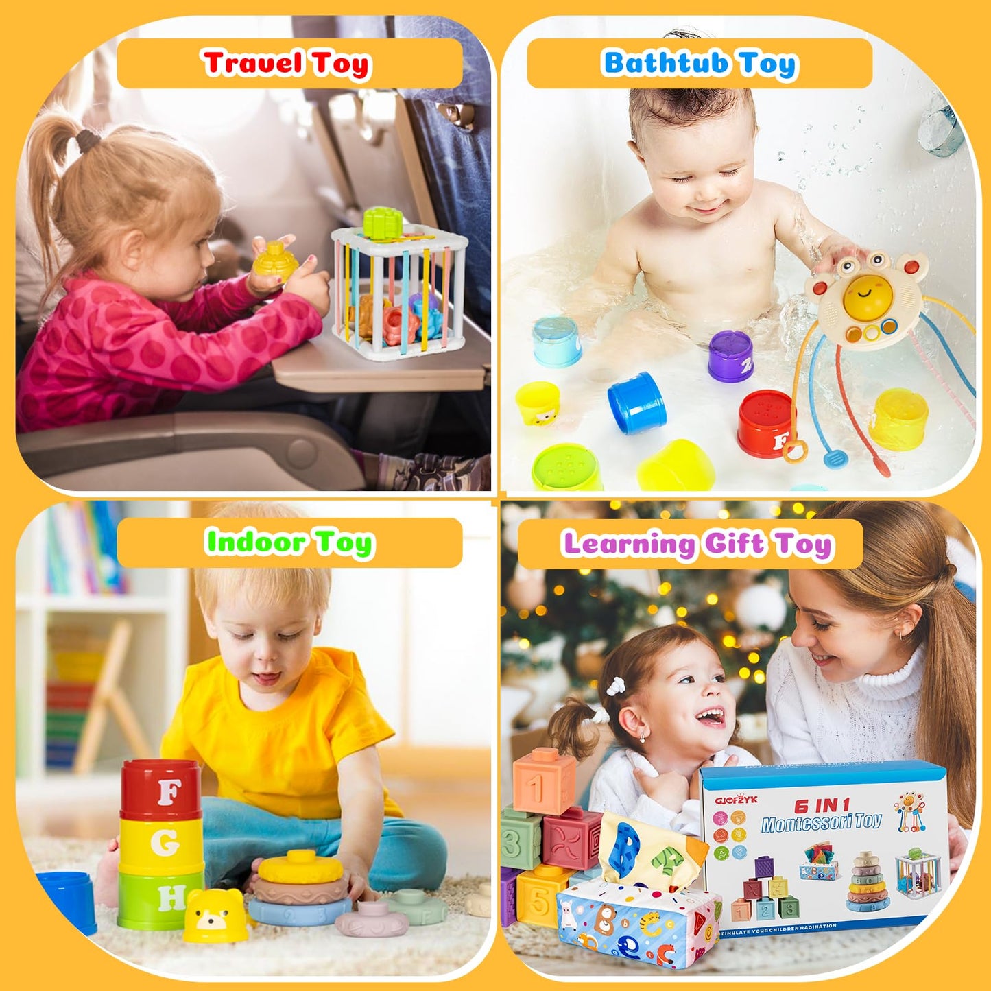 GJOF2YK 6-in-1 Montessori Toys for Babies – Sensory Stack & Teething Kit