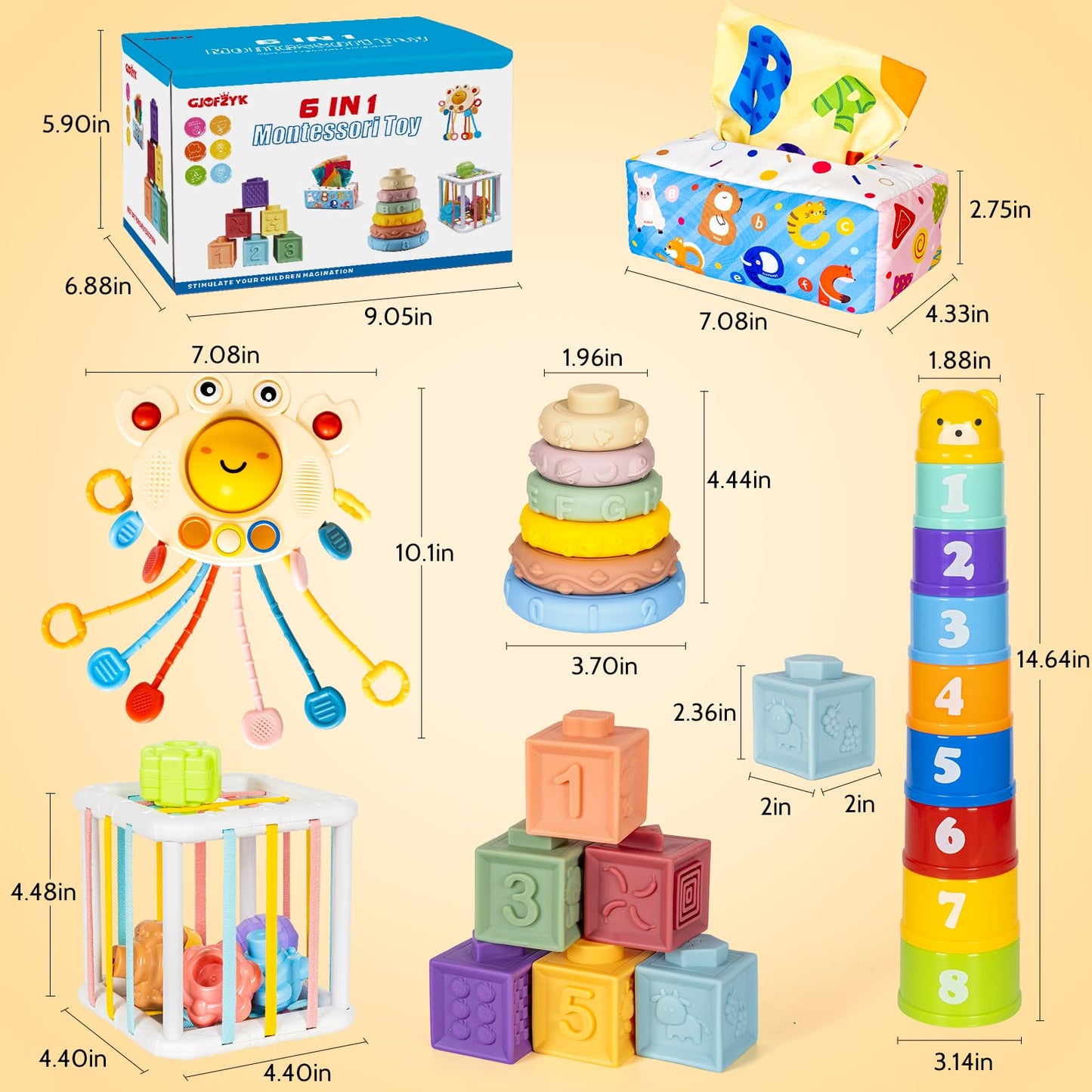 GJOF2YK 6-in-1 Montessori Toys for Babies – Sensory Stack & Teething Kit