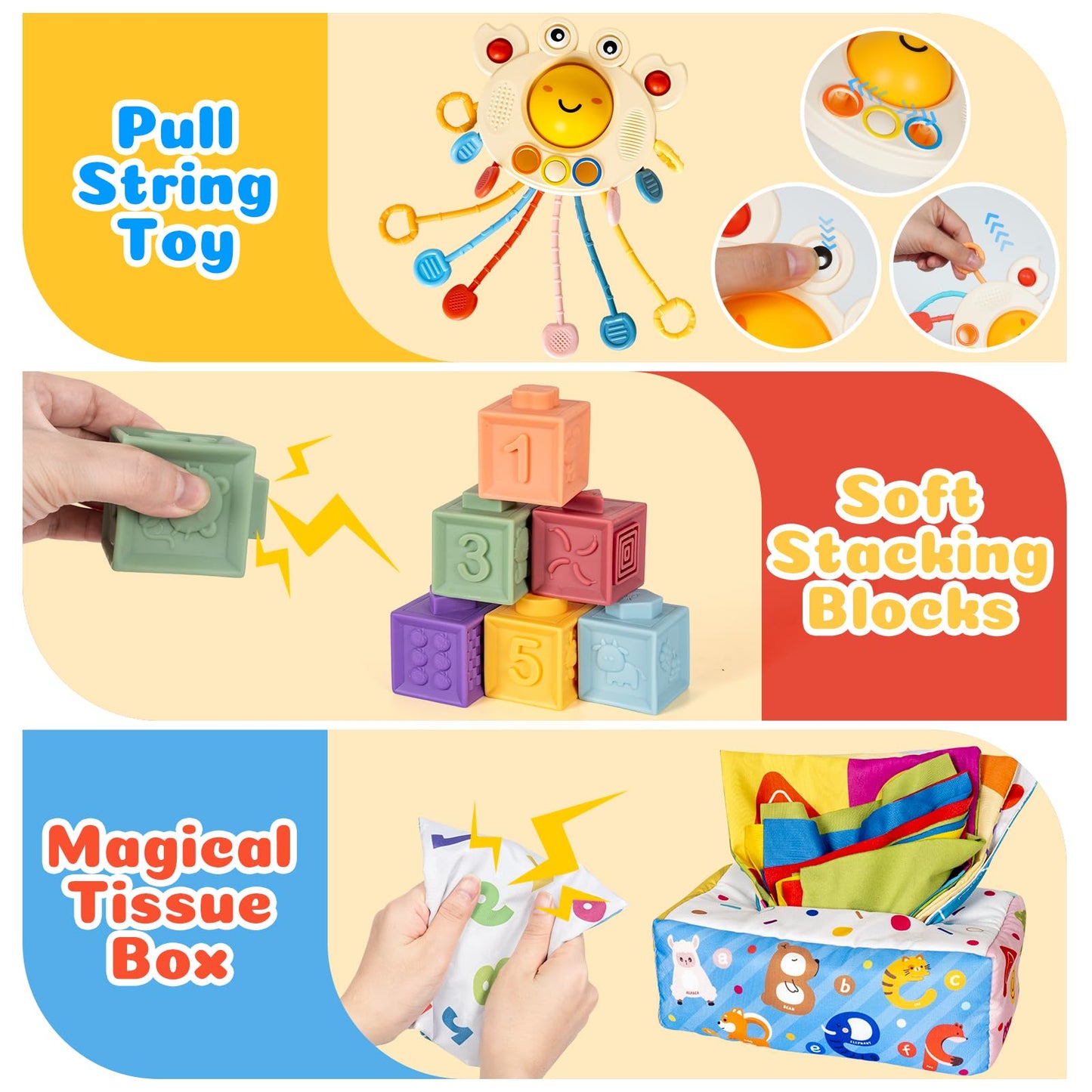 GJOF2YK 6-in-1 Montessori Toys for Babies – Sensory Stack & Teething Kit