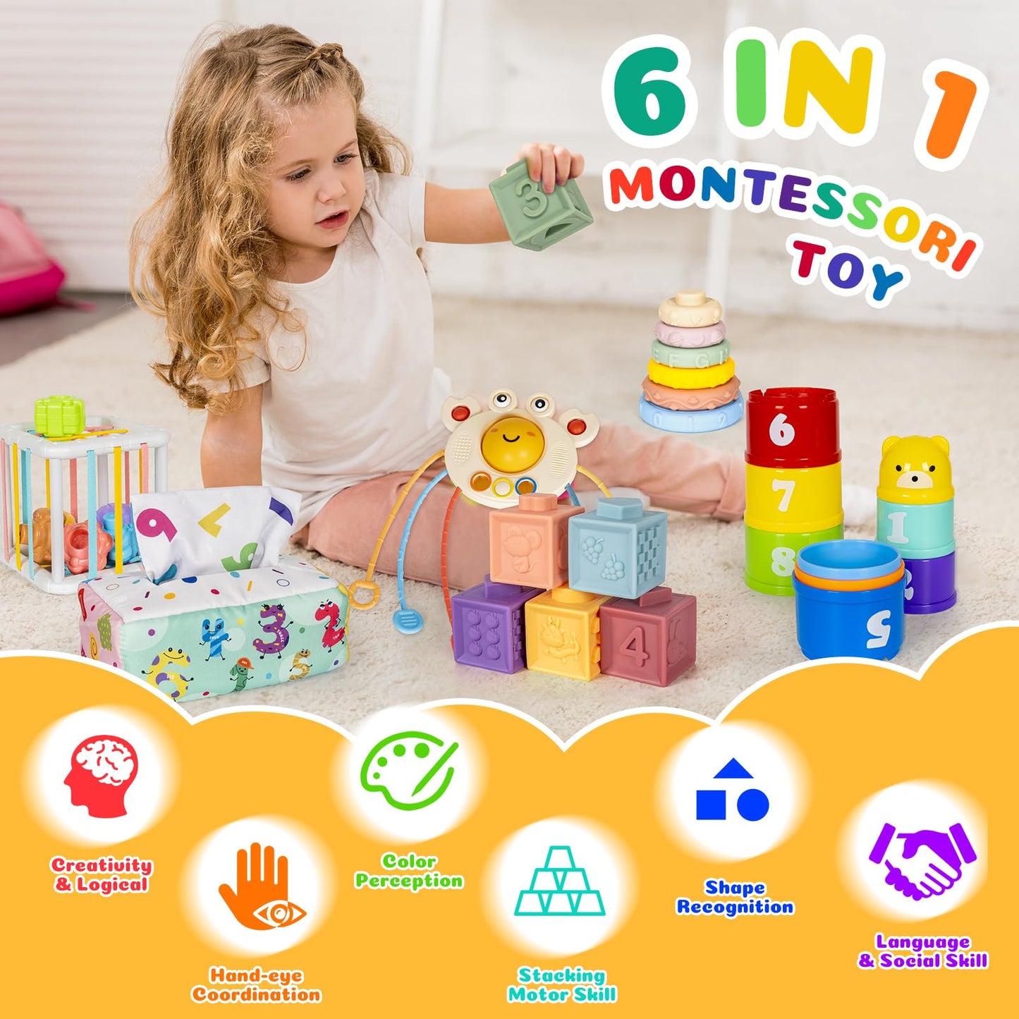 GJOF2YK 6-in-1 Montessori Toys for Babies – Sensory Stack & Teething Kit