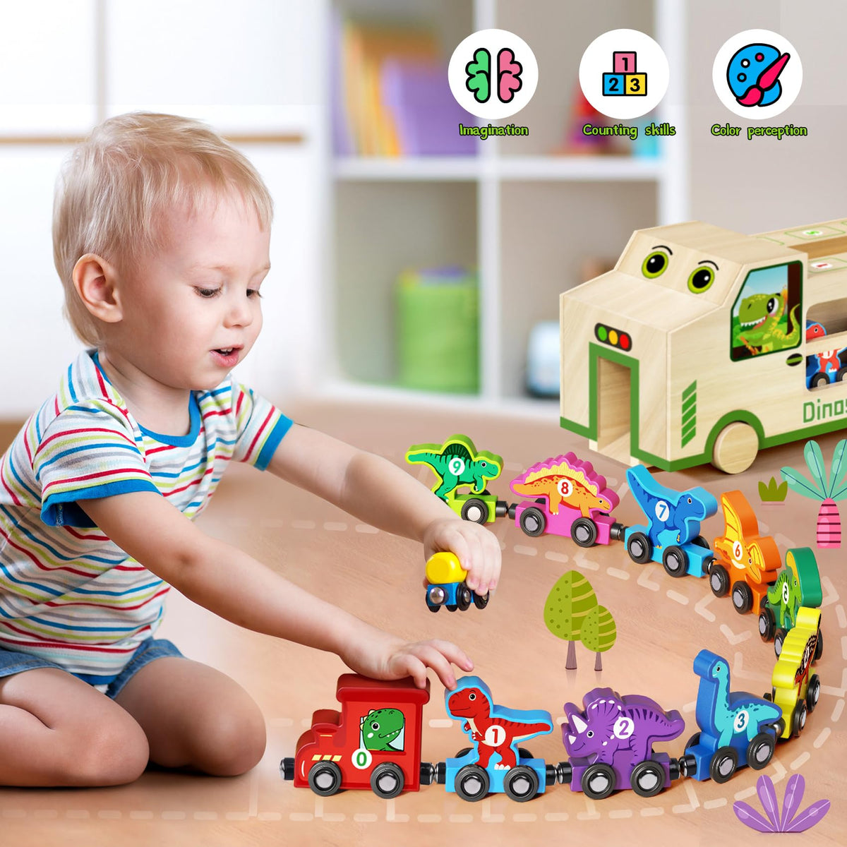 GJZZ Wooden Dinosaur Truck & Magnetic Train Set | Montessori STEM Toys for 2-5