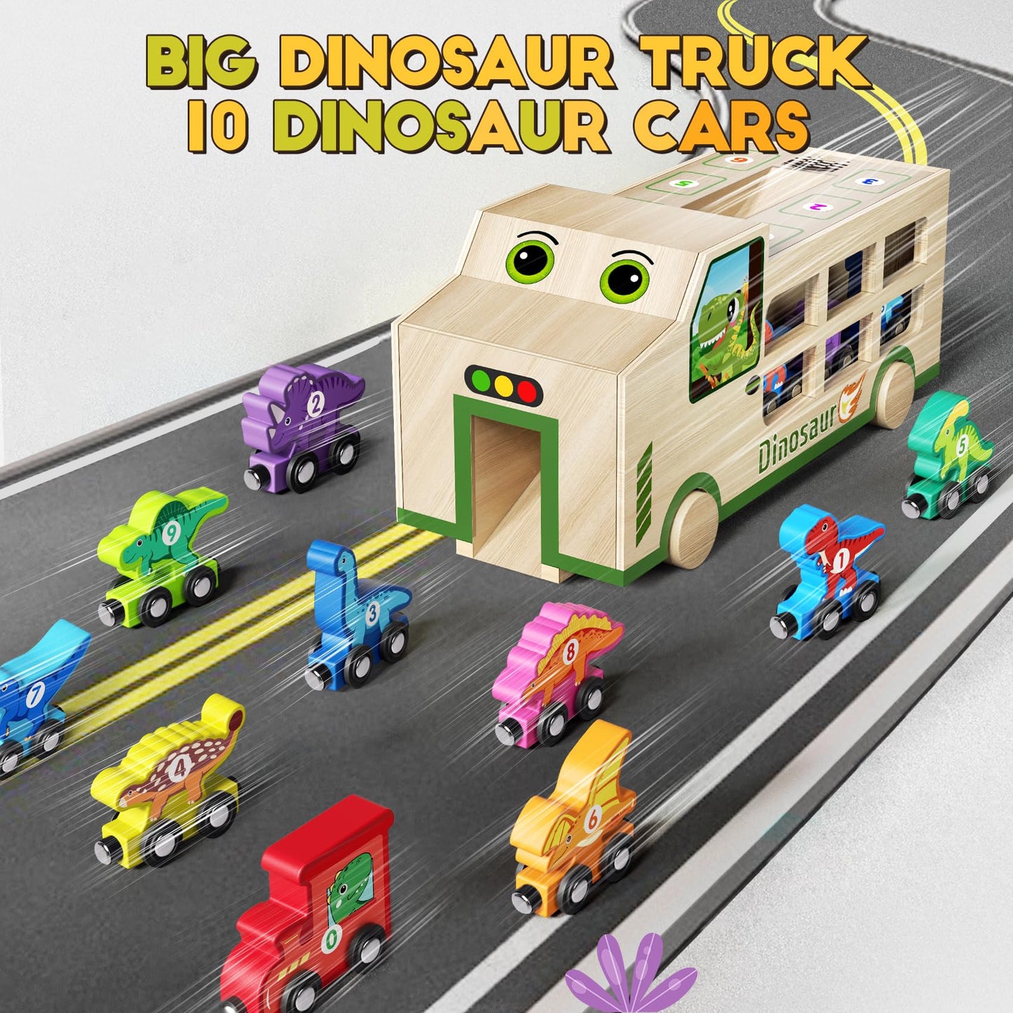 GJZZ Wooden Dinosaur Truck & Magnetic Train Set | Montessori STEM Toys for 2-5